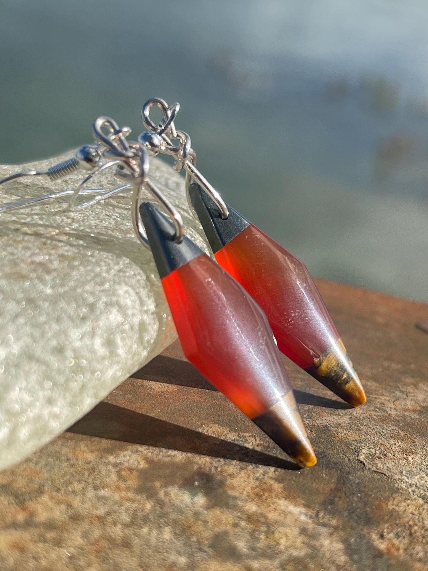 Stunning carnelian and onyx earrings on recycled sterling silver. Ethical jewellery, eco friendly jewellery, boho earrings, unique earrings.