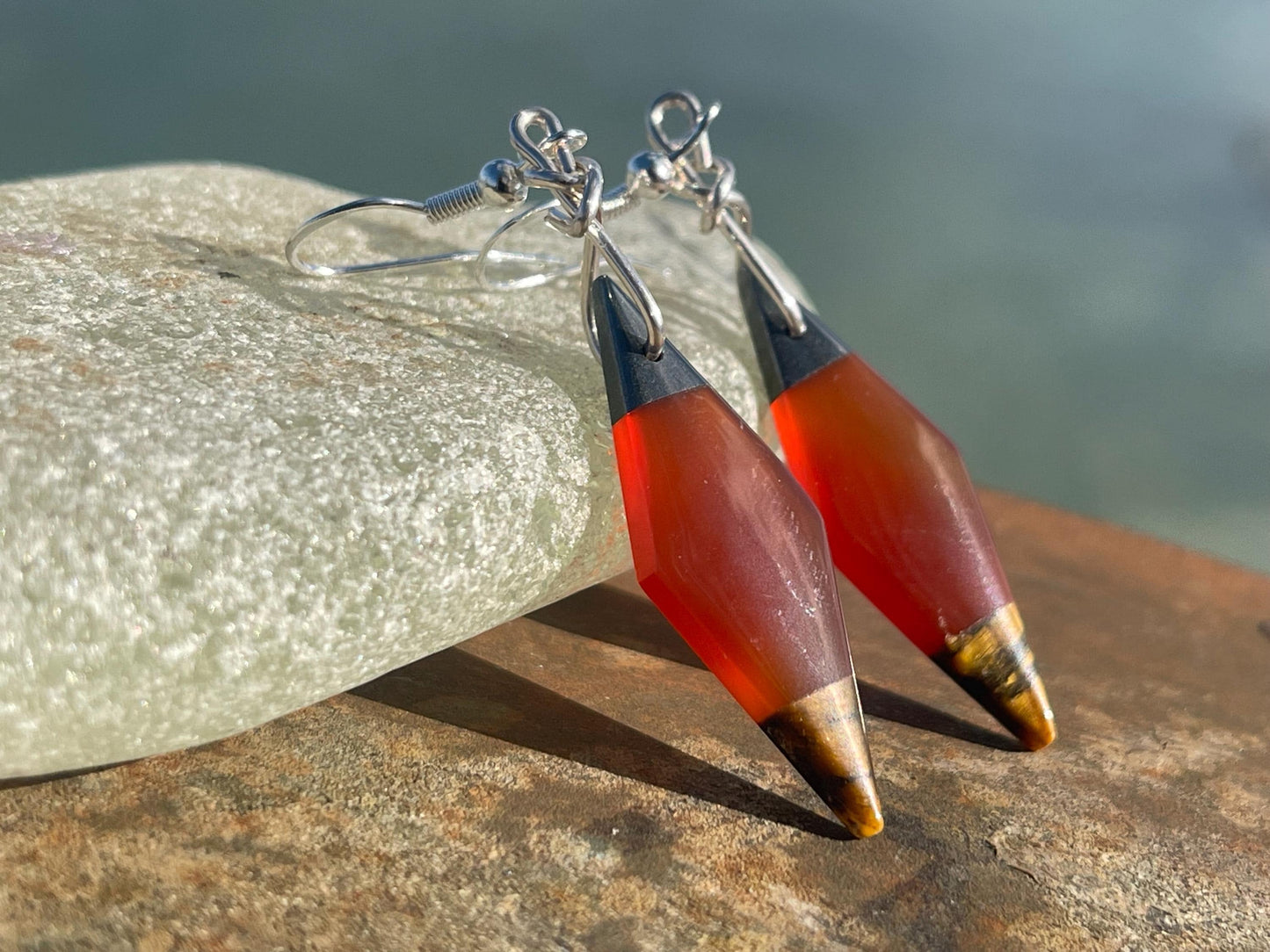 Stunning carnelian and onyx earrings on recycled sterling silver. Ethical jewellery, eco friendly jewellery, boho earrings, unique earrings.