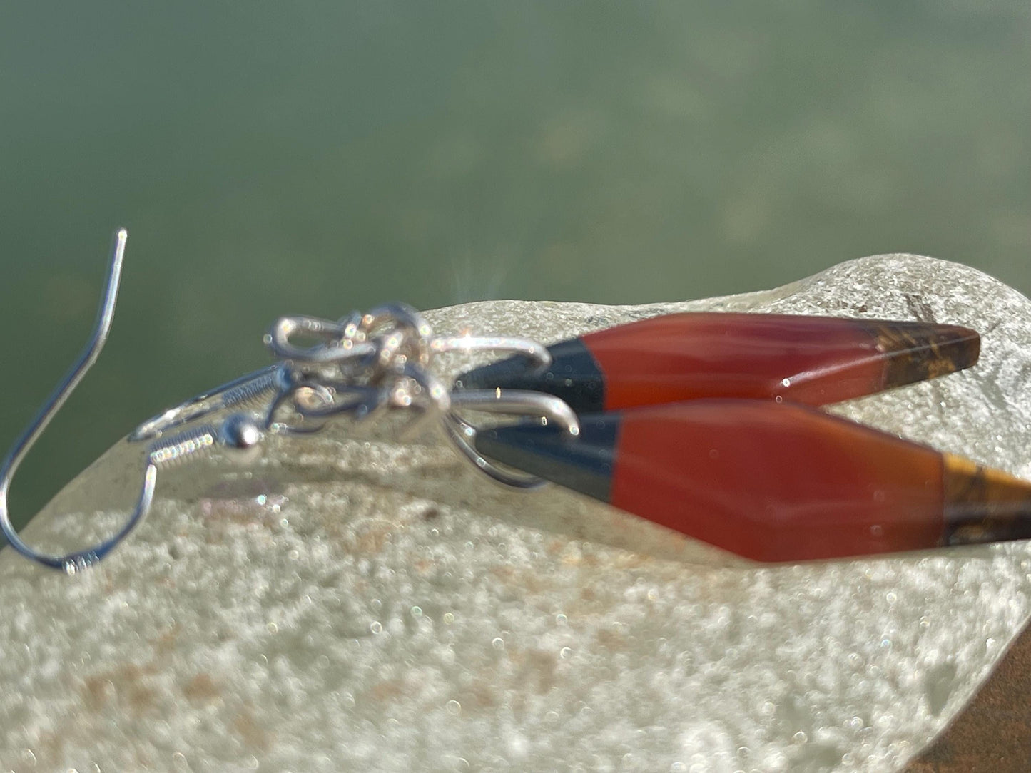 Stunning carnelian and onyx earrings on recycled sterling silver. Ethical jewellery, eco friendly jewellery, boho earrings, unique earrings.