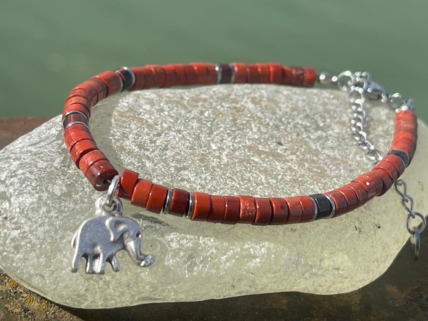 Adjustable gold and red jasper gemstone bracelet, handmade gift for him or her. Ethical jewellery, unique jewellery. Elephant bracelet.