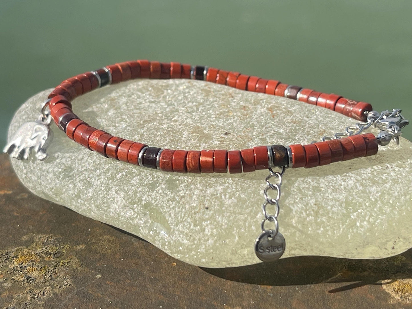 Adjustable gold and red jasper gemstone bracelet, handmade gift for him or her. Ethical jewellery, unique jewellery. Elephant bracelet.