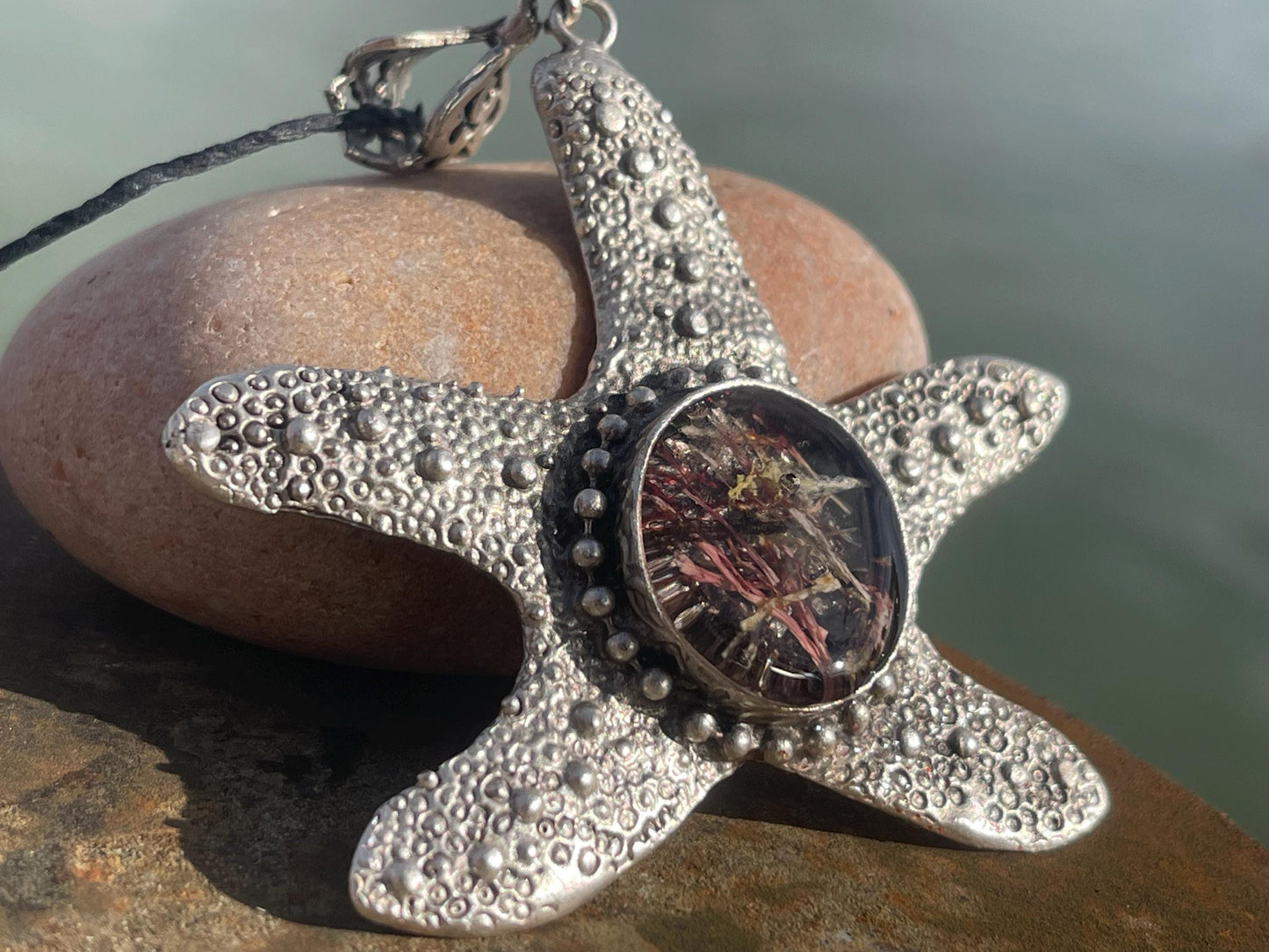 Starfish necklace incorporating real seaweed. Seaweed jewellery, starfish pendant, handmade necklace, boho jewellery. Starfish gifts.