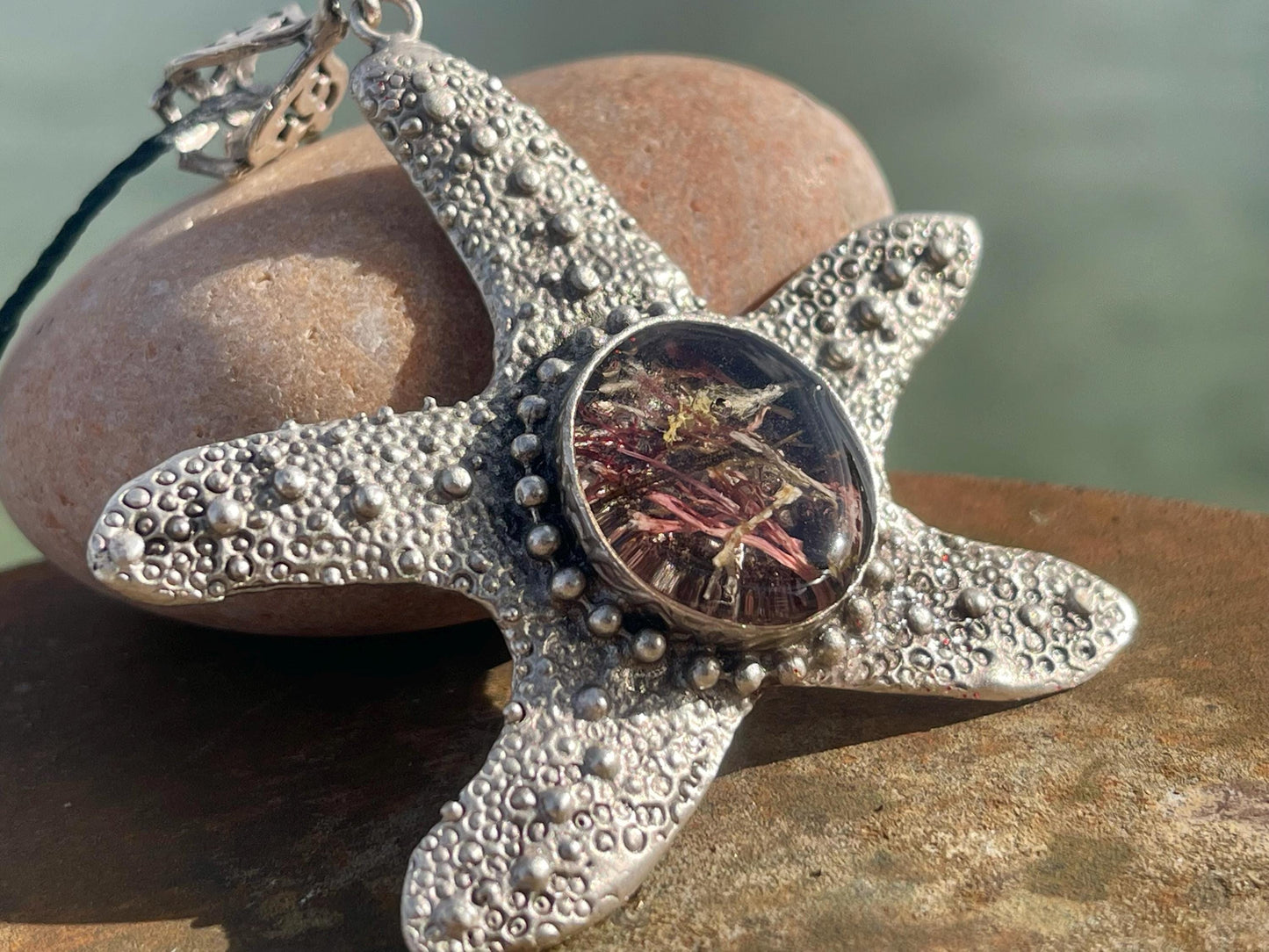 Starfish necklace incorporating real seaweed. Seaweed jewellery, starfish pendant, handmade necklace, boho jewellery. Starfish gifts.