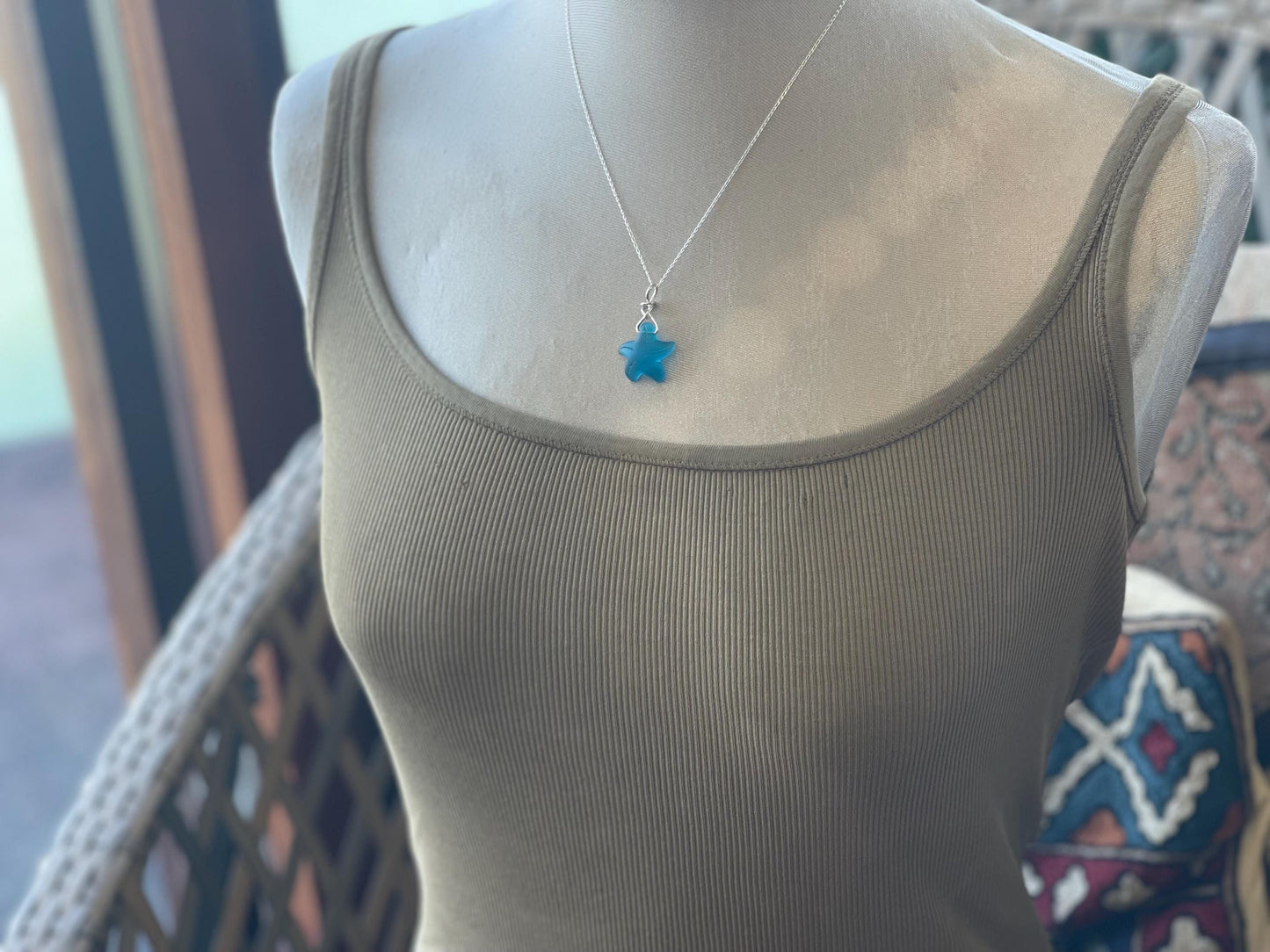 Eco friendly jewellery. Sea glass necklace on a sterling silver chain. Sea glass starfish necklace. Starfish pendant, ethical jewellery.