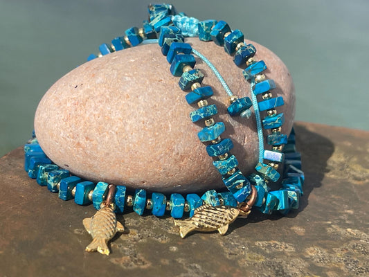 Adjustable gold and blue jasper gemstone bracelet, handmade gift for him or her. Ethical jewellery, handmade unique jewellery.