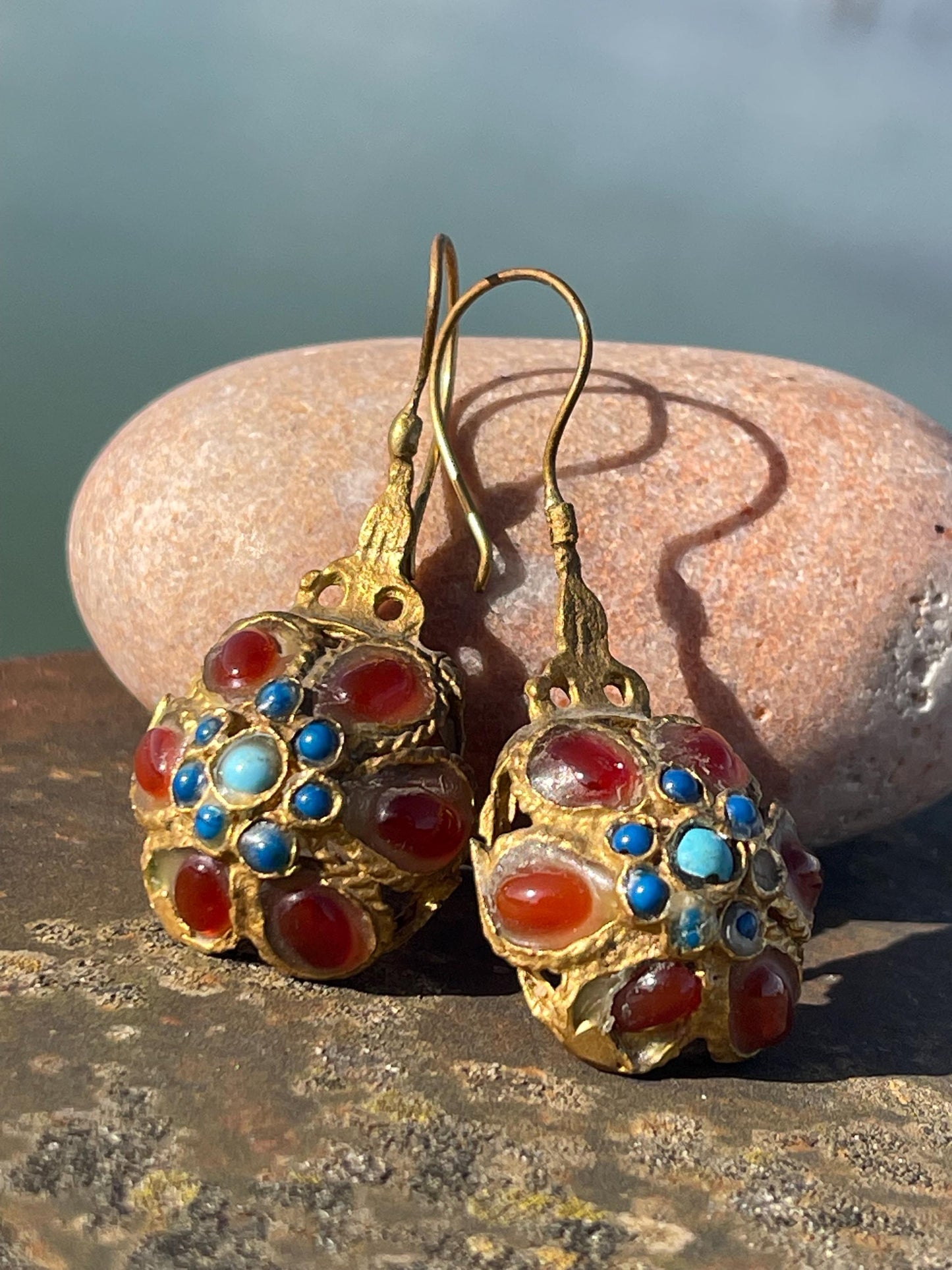 Gypsy jewellery, gold vintage earrings, red jewellery, ethical jewellery, gypsy earrings, romantic gifts, eco friendly jewellery