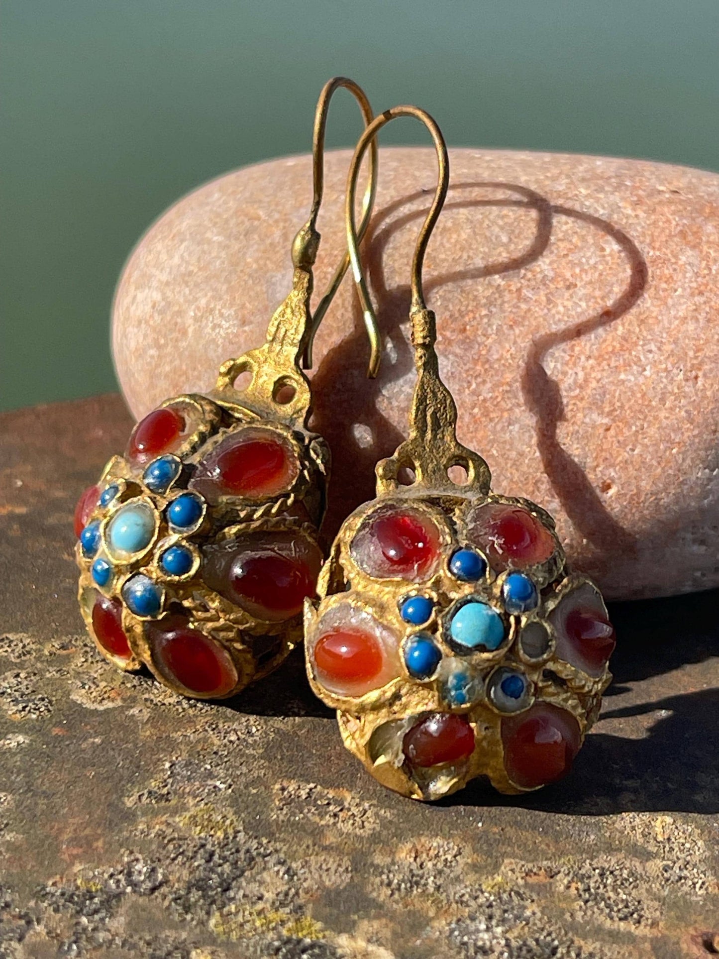 Gypsy jewellery, gold vintage earrings, red jewellery, ethical jewellery, gypsy earrings, romantic gifts, eco friendly jewellery