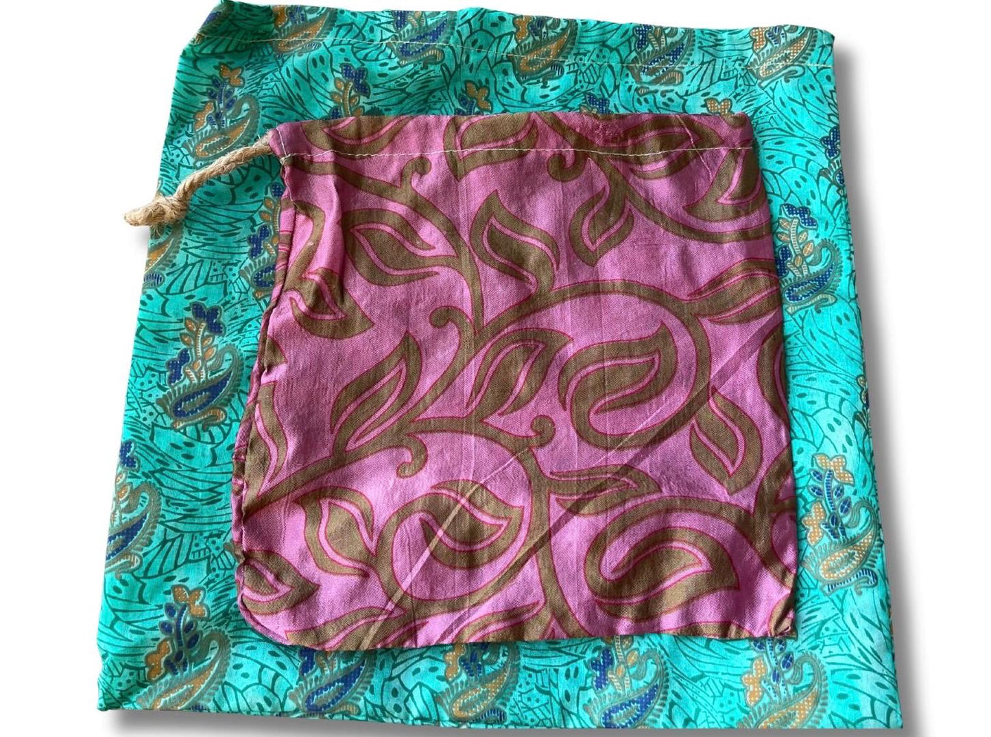 Small & medium recycled sari bags. Eco friendly wrapping option. Recycled bags for gifts. Recycled gift bags. Ethical draw string bags.