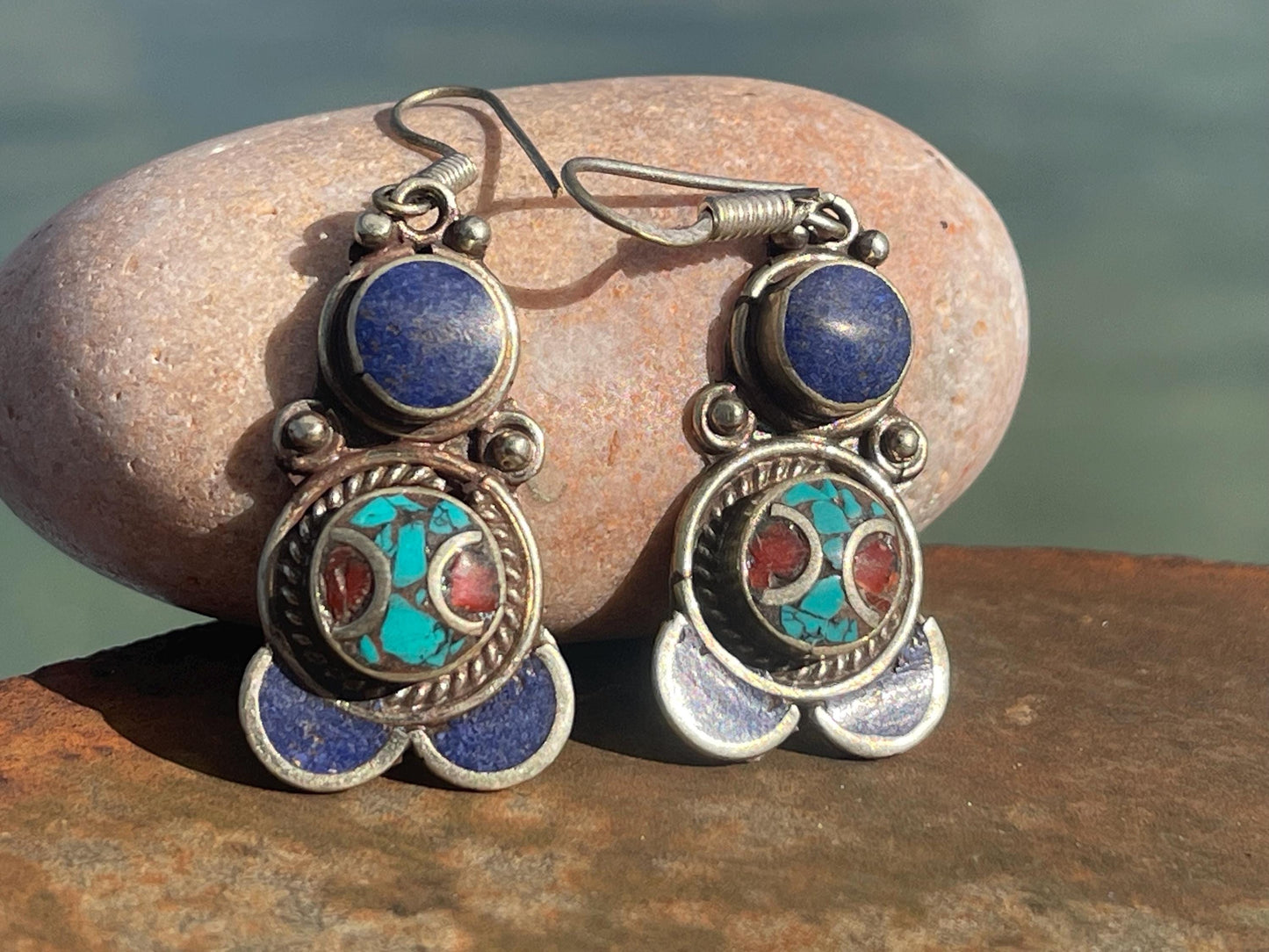 Vintage turquoise & lapis earrings, turquoise jewellery, ethical jewellery, gypsy earrings. Eco friendly jewellery. Ethical jewellery.