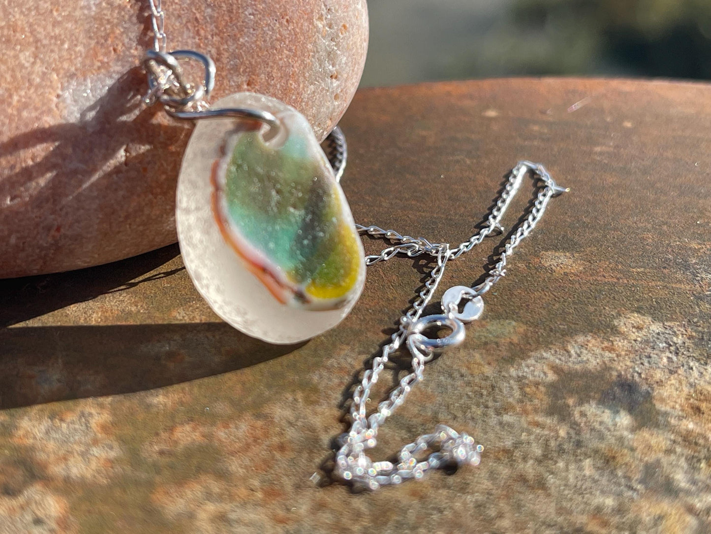 Eco friendly sea glass necklace on a sterling silver chain.  Eco friendly jewellery. Unusual sea glass jewellery. Handmade ethical jewellery