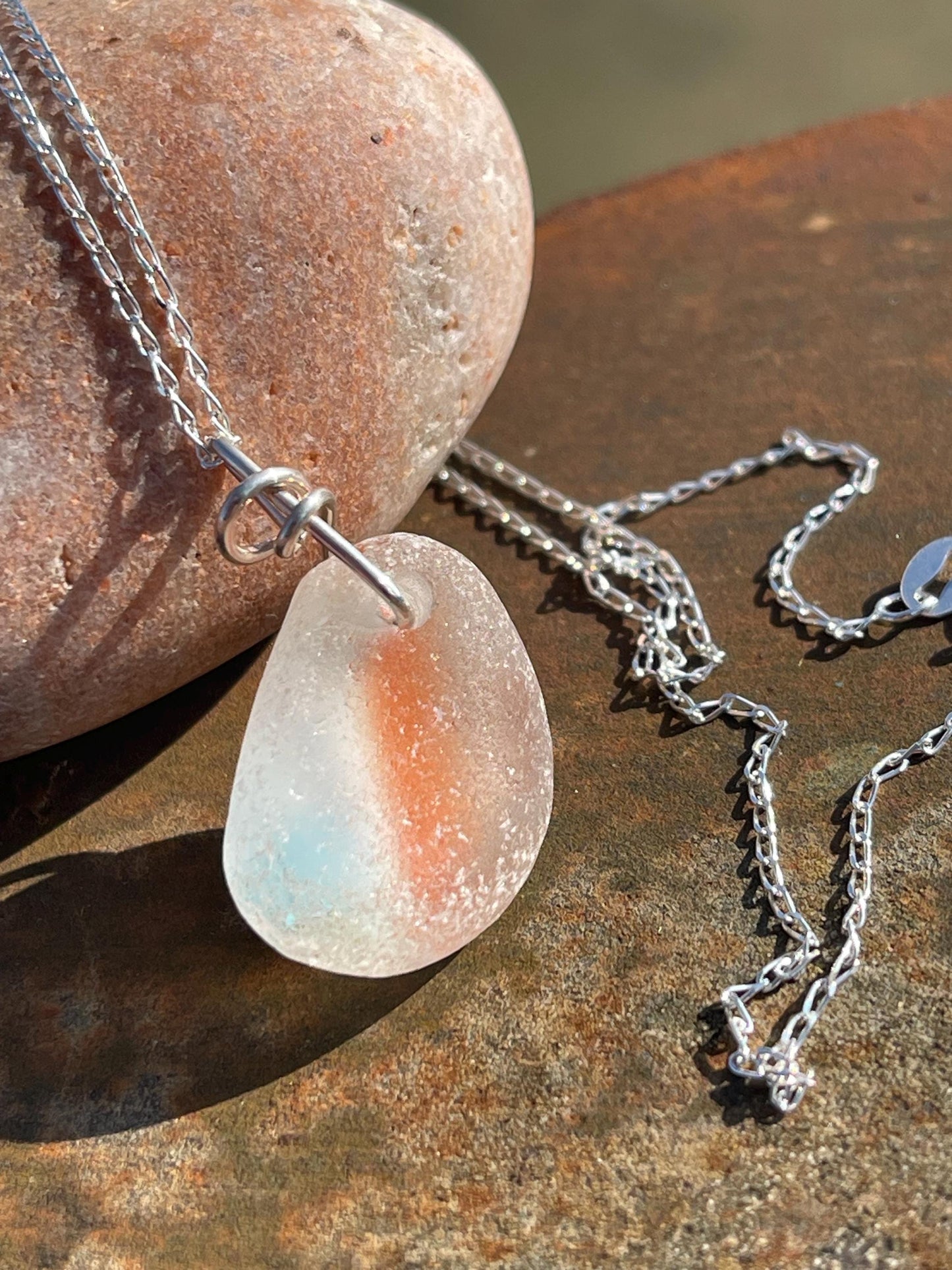 Eco friendly sea glass necklace on a sterling silver chain.  Eco friendly jewellery. Unusual sea glass jewellery. Handmade ethical jewellery