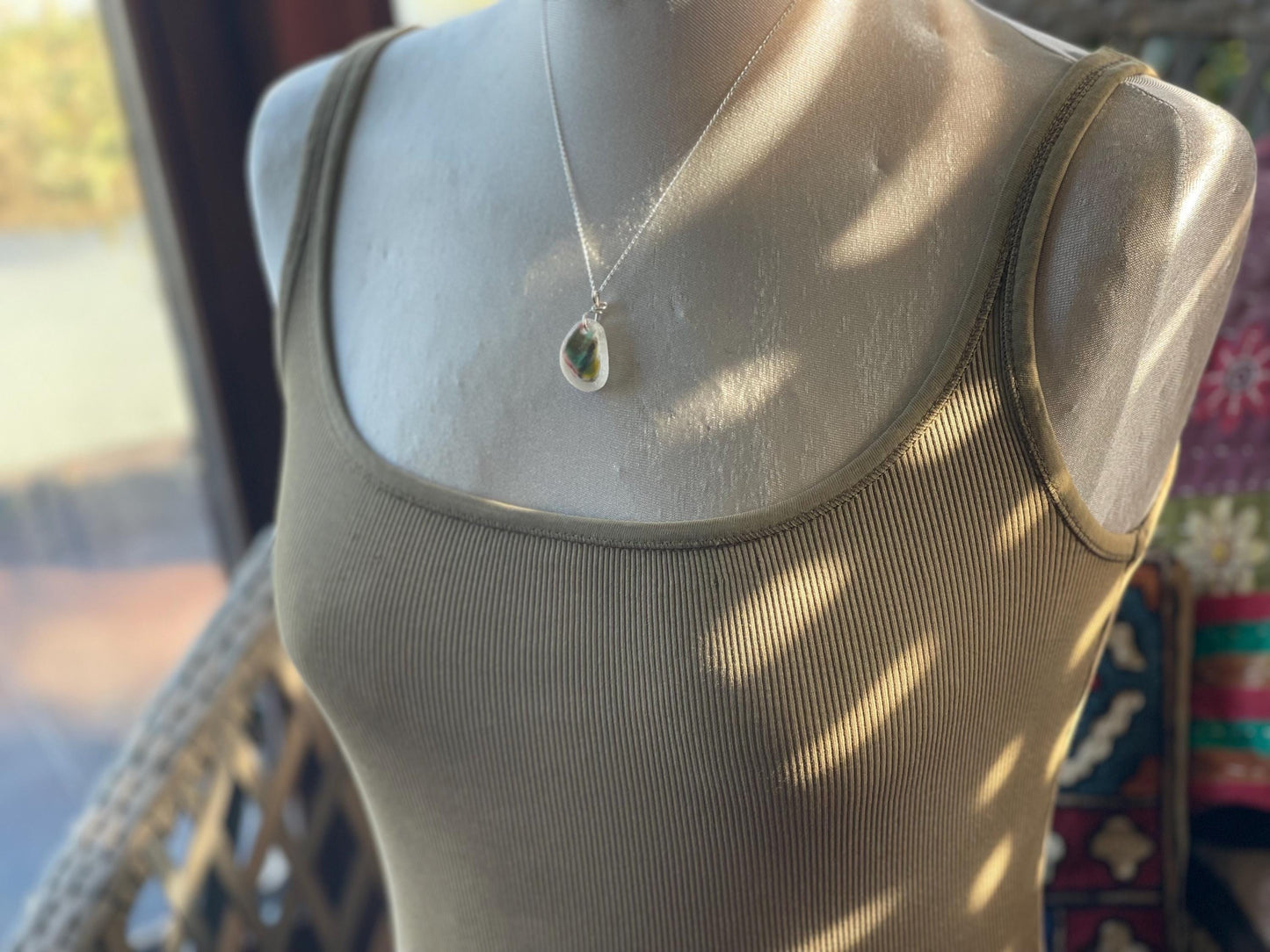 Eco friendly sea glass necklace on a sterling silver chain.  Eco friendly jewellery. Unusual sea glass jewellery. Handmade ethical jewellery