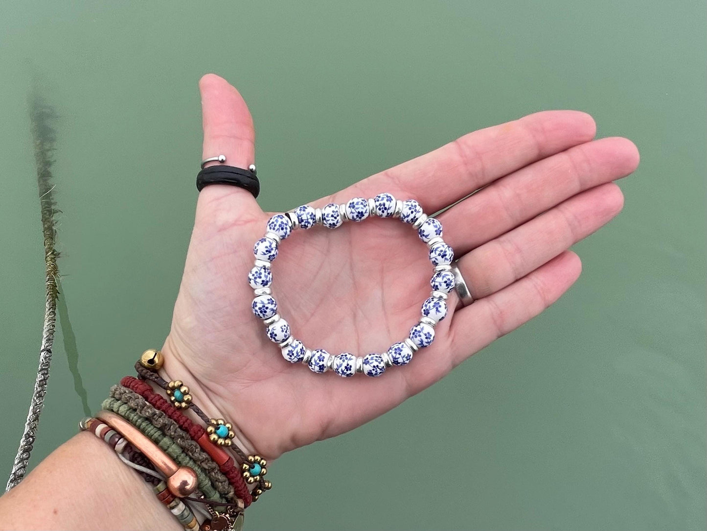 Up-cycled ceramic bracelet. Eco friendly jewellery. Handmade bracelet. Ethical jewellery. Silver, white and blue ceramic bracelet.