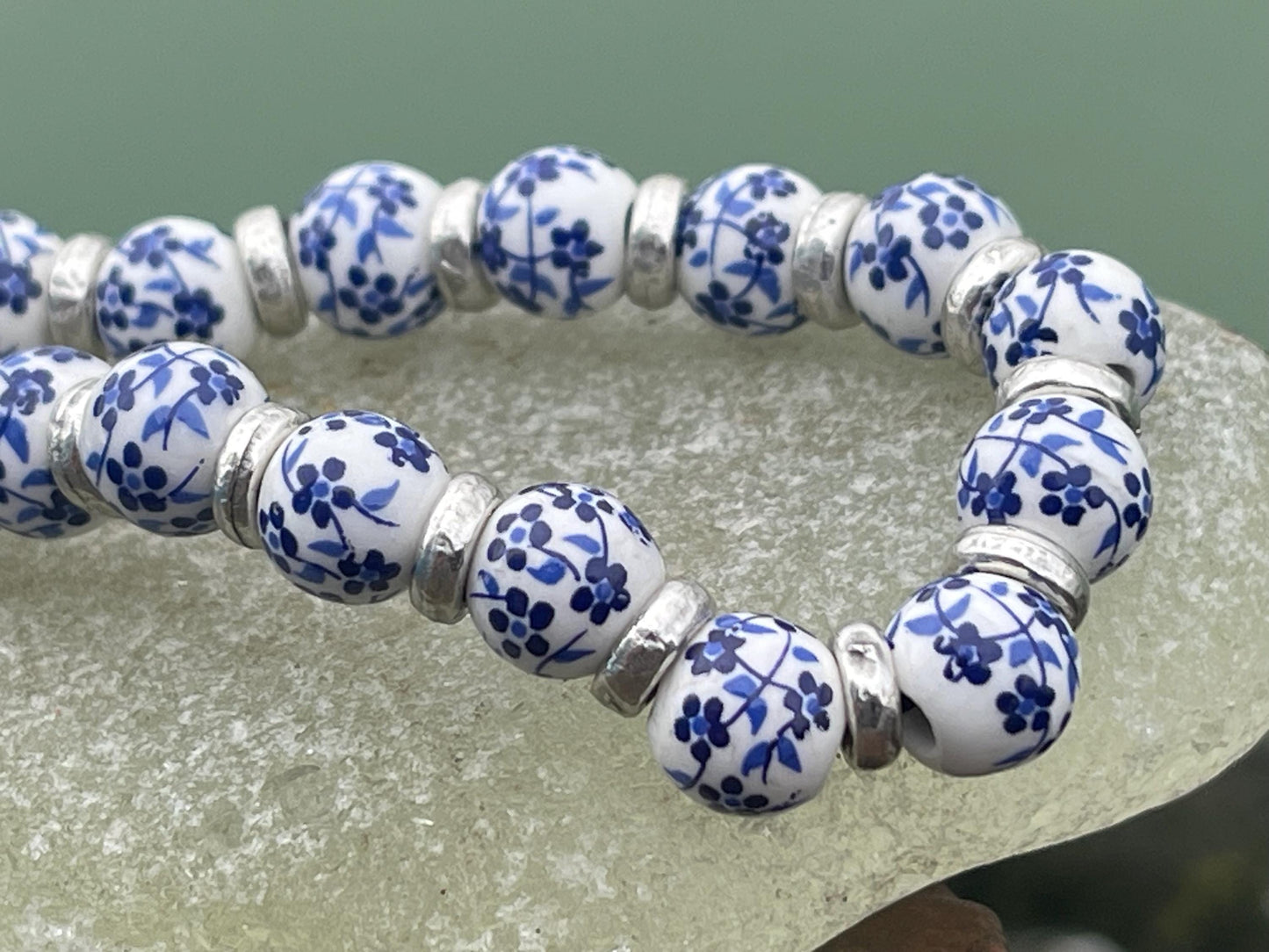 Up-cycled ceramic bracelet. Eco friendly jewellery. Handmade bracelet. Ethical jewellery. Silver, white and blue ceramic bracelet.