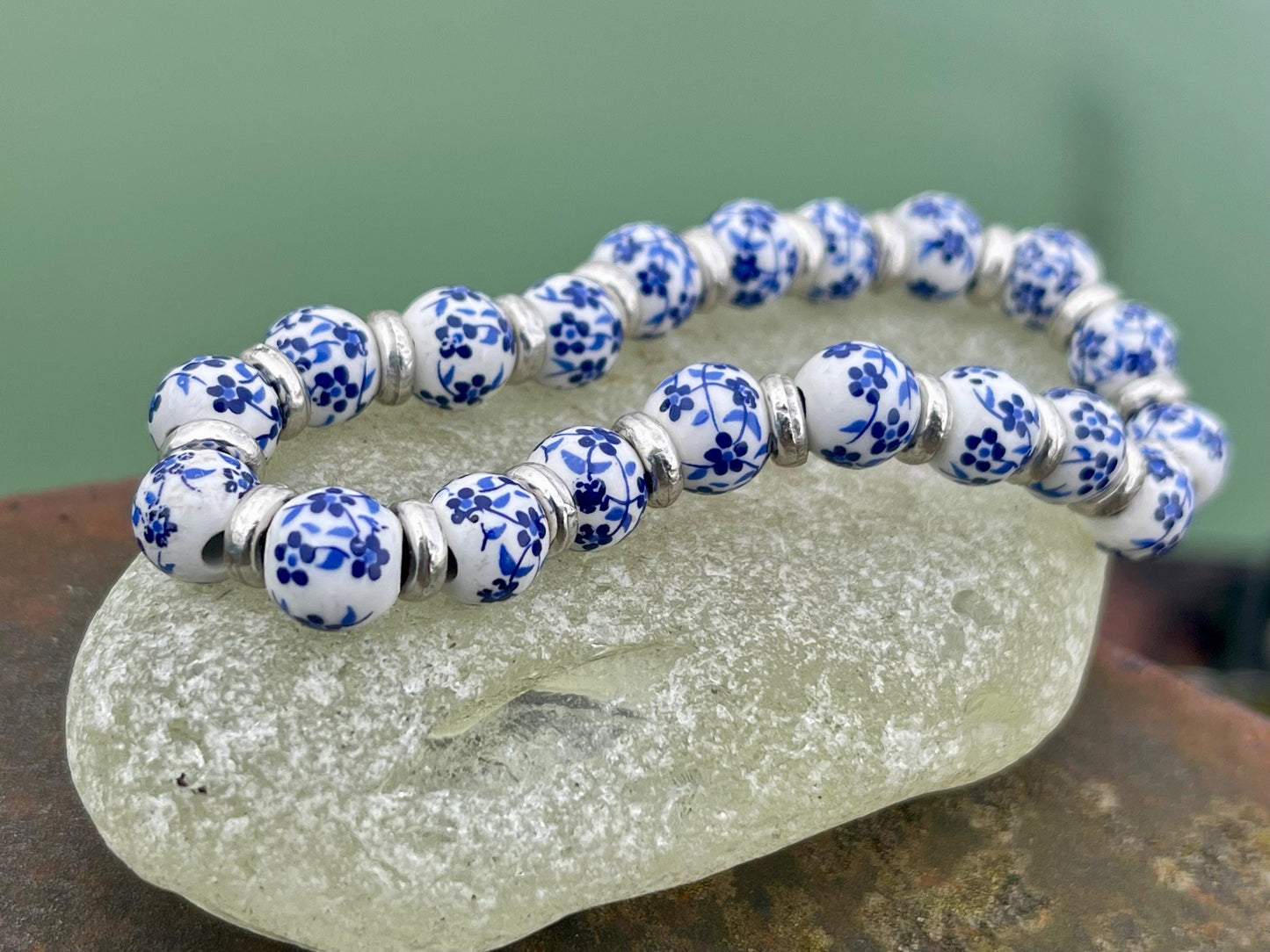 Up-cycled ceramic bracelet. Eco friendly jewellery. Handmade bracelet. Ethical jewellery. Silver, white and blue ceramic bracelet.