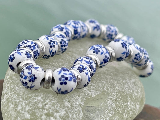 Up-cycled ceramic bracelet. Eco friendly jewellery. Handmade bracelet. Ethical jewellery. Silver, white and blue ceramic bracelet.