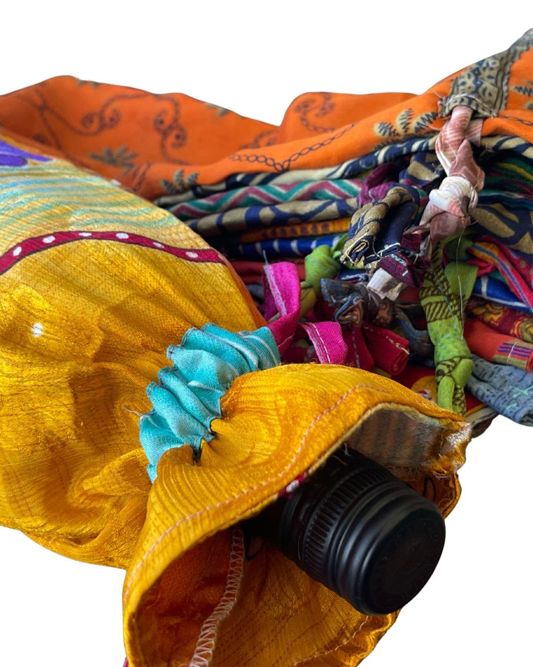 4 recycled sari bottle bags. Eco friendly bottle bags. Recycled bags for gifts. Recycled gift bags. Ethical draw string bags. Wine bags.