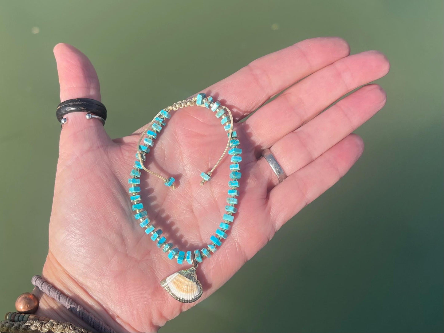 Adjustable blue jasper gemstone bracelet, handmade gift for him or her. Ethical jewellery, handmade unique jewellery. Shell bracelet.
