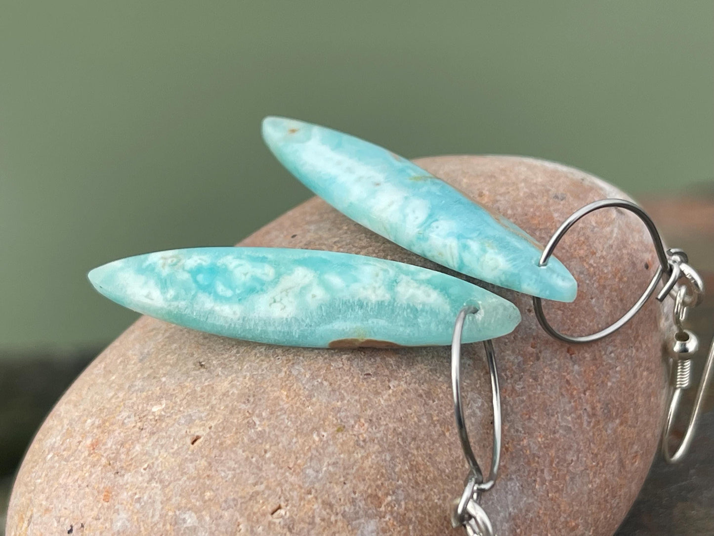 Hemimorphite Marquise gemstone earrings on sterling silver. Ethical jewellery, blue gemstone earrings. Stunning unique jewellery. Unique.