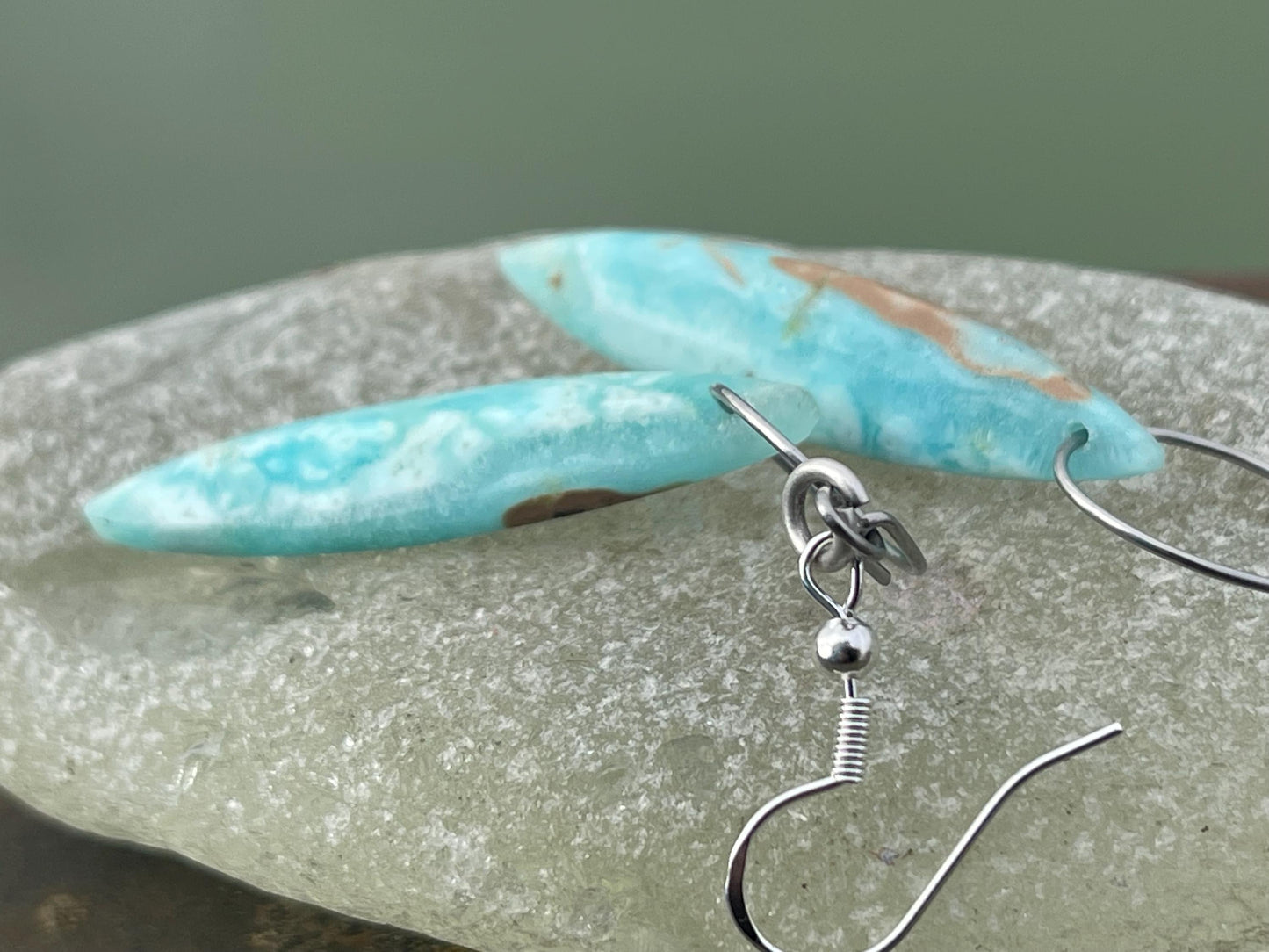 Hemimorphite Marquise gemstone earrings on sterling silver. Ethical jewellery, blue gemstone earrings. Stunning unique jewellery. Unique.