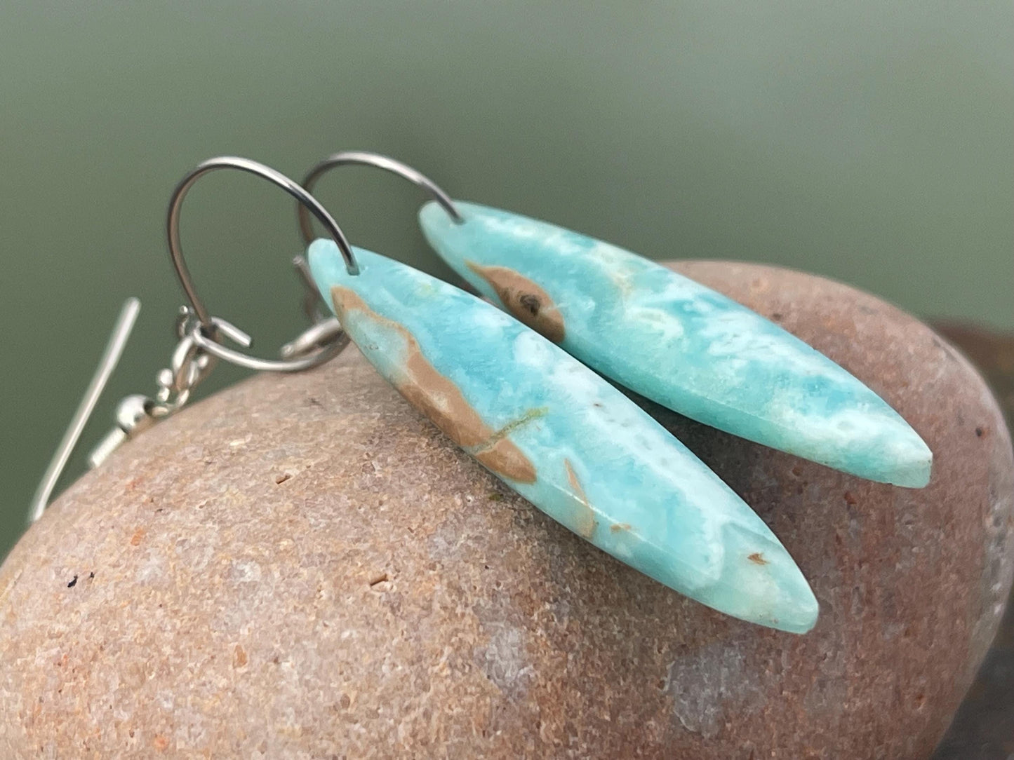 Hemimorphite Marquise gemstone earrings on sterling silver. Ethical jewellery, blue gemstone earrings. Stunning unique jewellery. Unique.