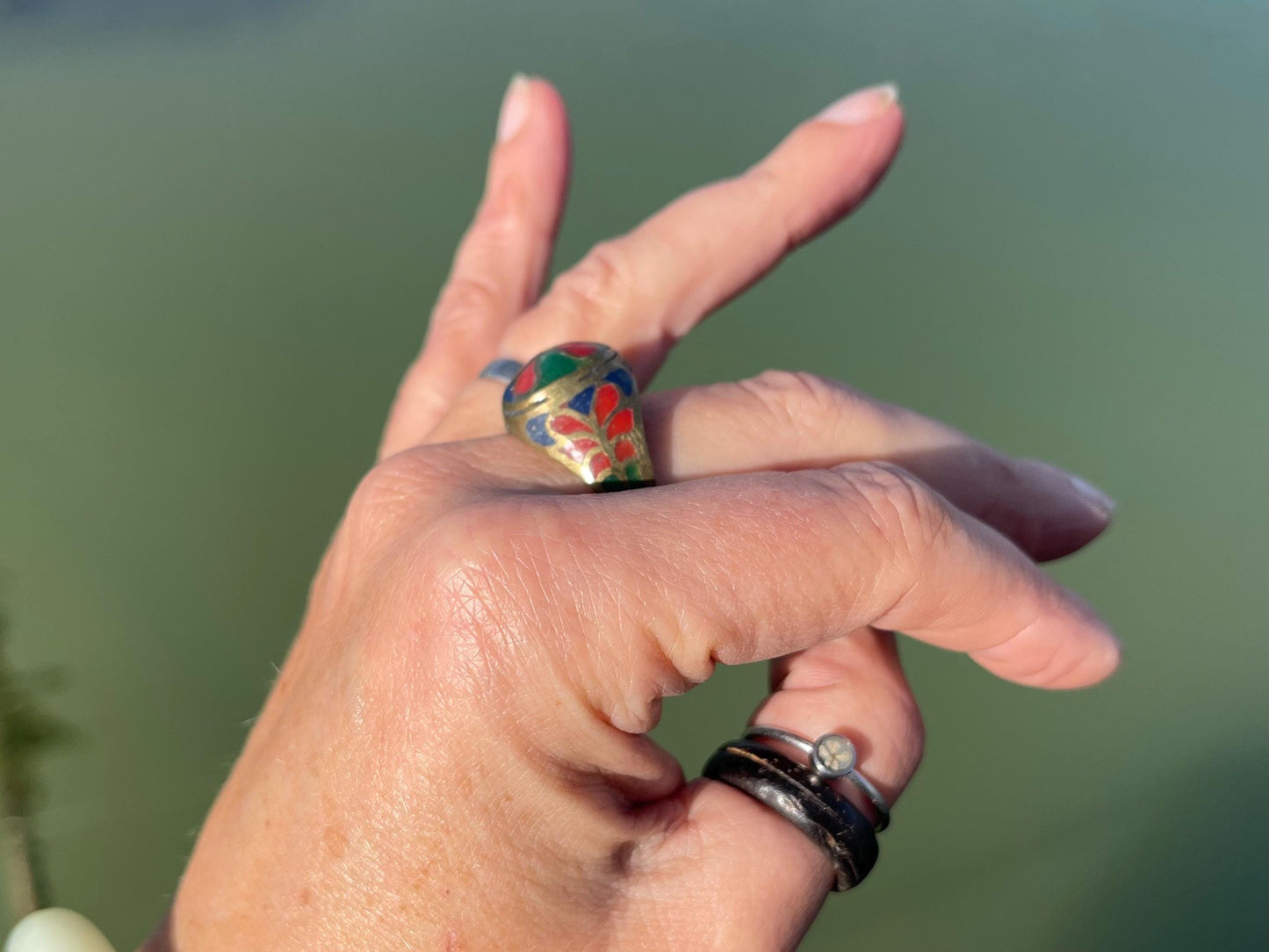Fabulous festive red and green ring, boho vintage jewellery, ethical jewellery, gypsy ring. Gypsy jewellery. Christmas ring.