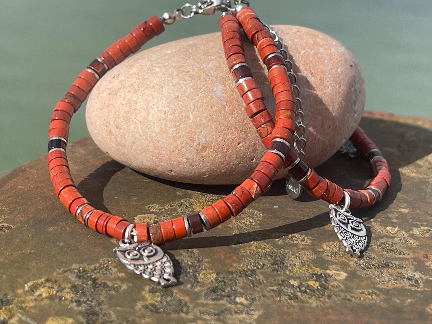 Adjustable red jasper gemstone bracelet, handmade gift for him or her. Ethical jewellery, unique jewellery. Owl bracelet. Owl jewellery.