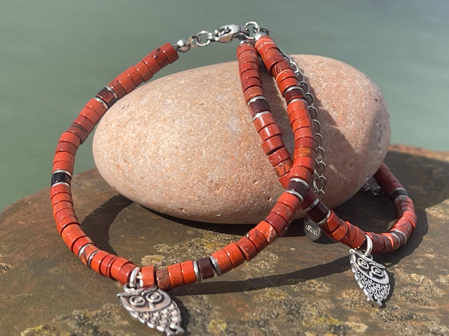Adjustable red jasper gemstone bracelet, handmade gift for him or her. Ethical jewellery, unique jewellery. Owl bracelet. Owl jewellery.