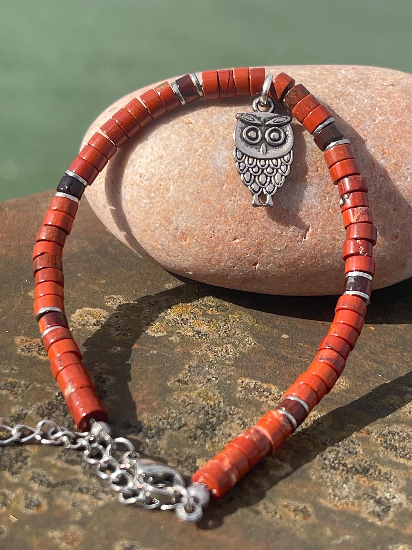 Adjustable red jasper gemstone bracelet, handmade gift for him or her. Ethical jewellery, unique jewellery. Owl bracelet. Owl jewellery.