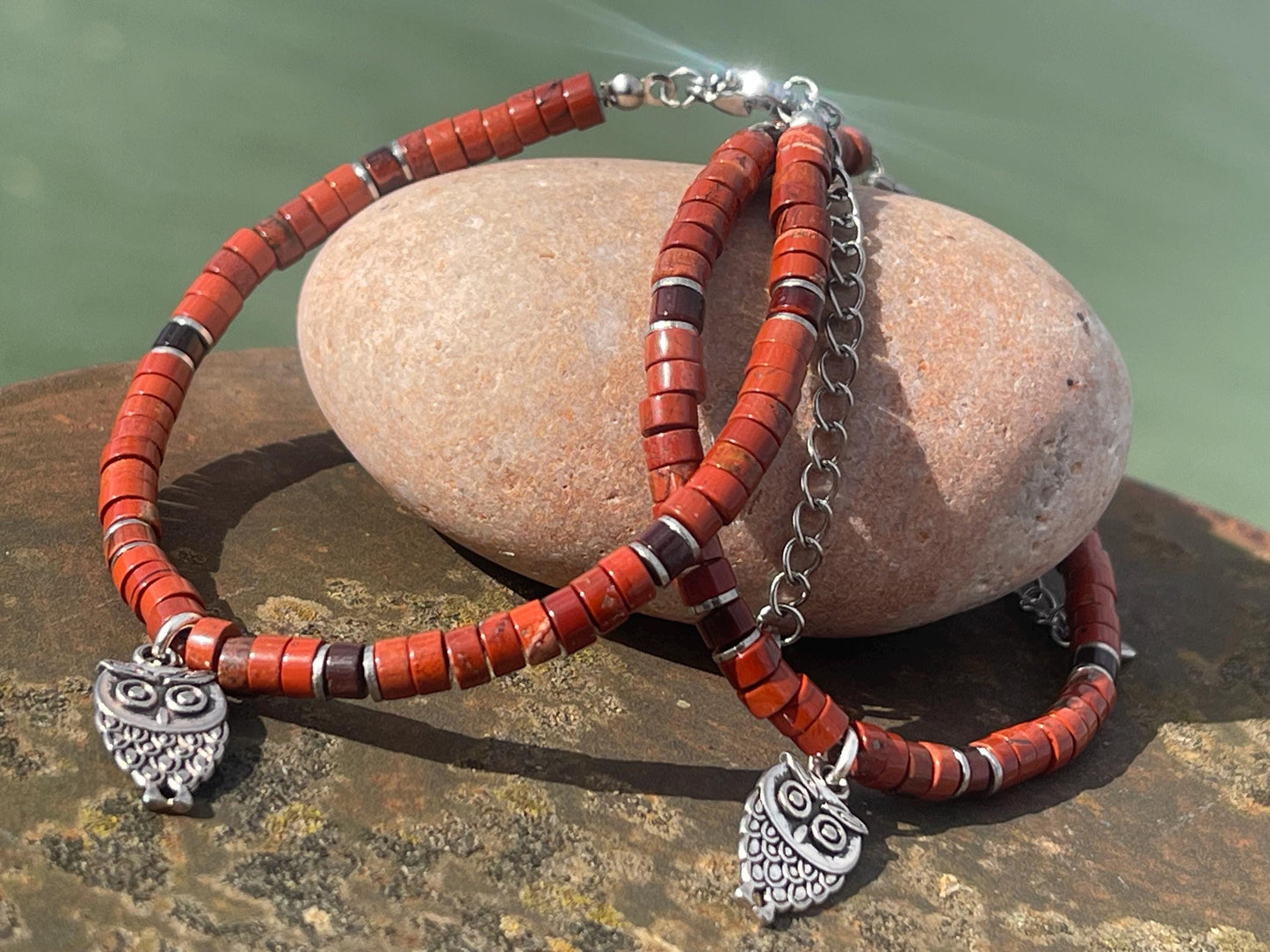 Adjustable red jasper gemstone bracelet, handmade gift for him or her. Ethical jewellery, unique jewellery. Owl bracelet. Owl jewellery.
