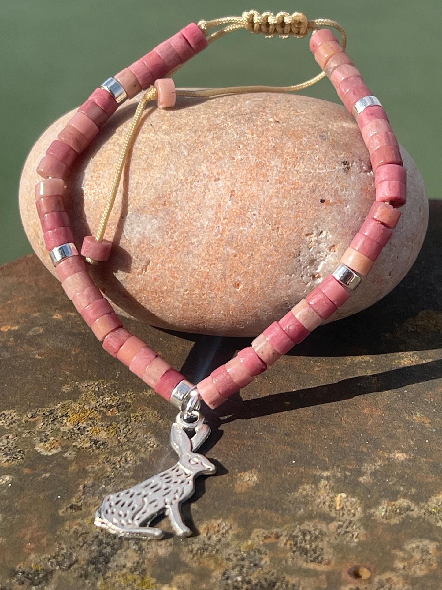 Adjustable rhodonite pink gemstone bracelet, handmade gift for him or her. Ethical jewellery, unique jewellery. Hare bracelet.