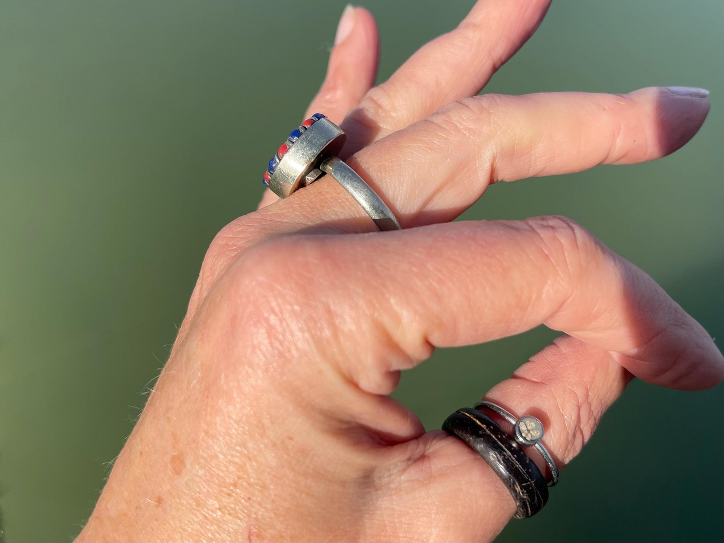 Fabulous vintage turquoise ring, silver & red ring, boho vintage jewellery, ethical jewellery, gypsy ring. Eco friendly jewellery.