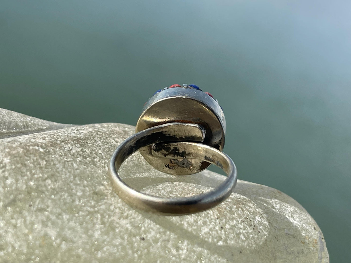 Fabulous vintage turquoise ring, silver & red ring, boho vintage jewellery, ethical jewellery, gypsy ring. Eco friendly jewellery.