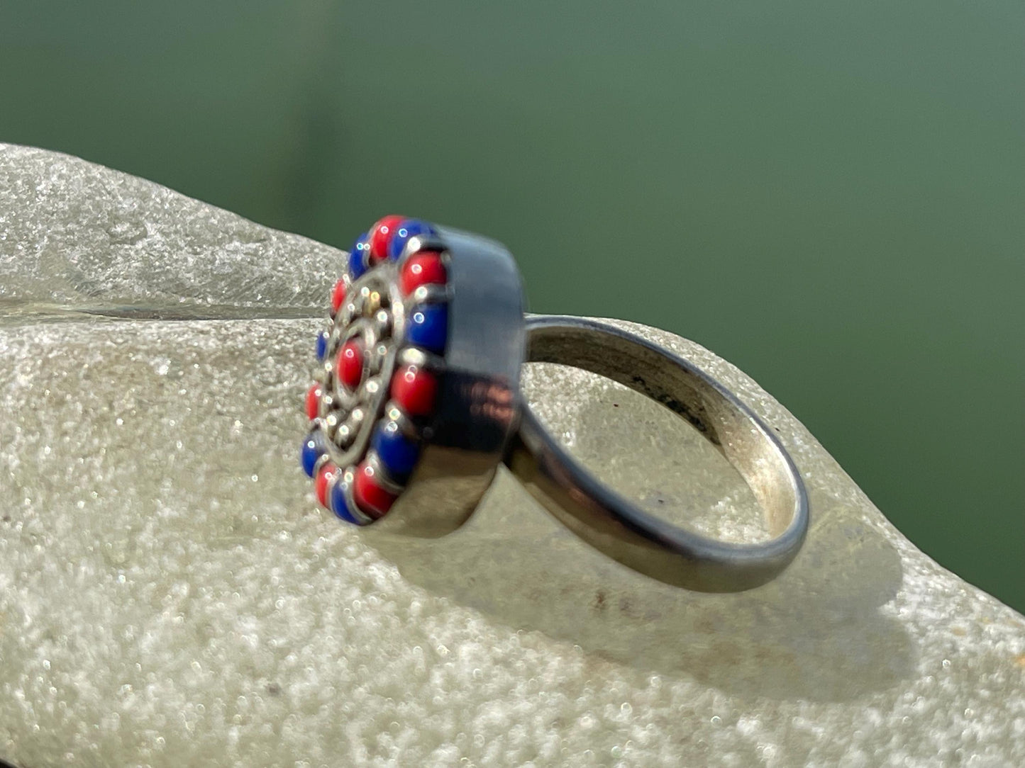 Fabulous vintage turquoise ring, silver & red ring, boho vintage jewellery, ethical jewellery, gypsy ring. Eco friendly jewellery.