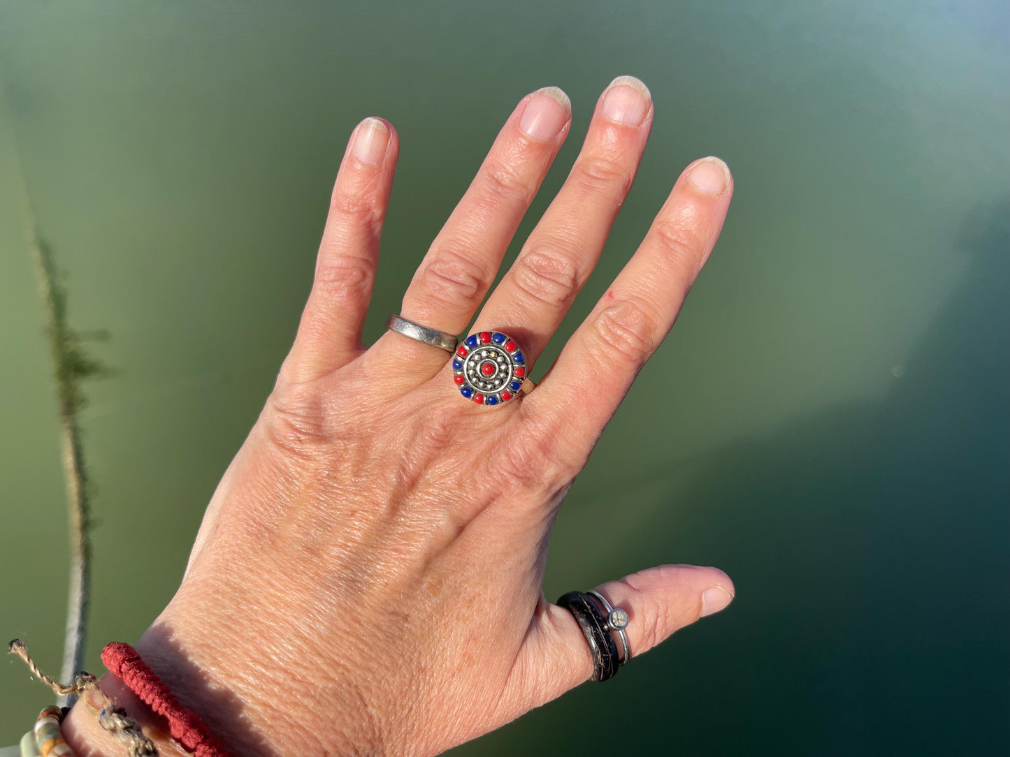Fabulous vintage turquoise ring, silver & red ring, boho vintage jewellery, ethical jewellery, gypsy ring. Eco friendly jewellery.