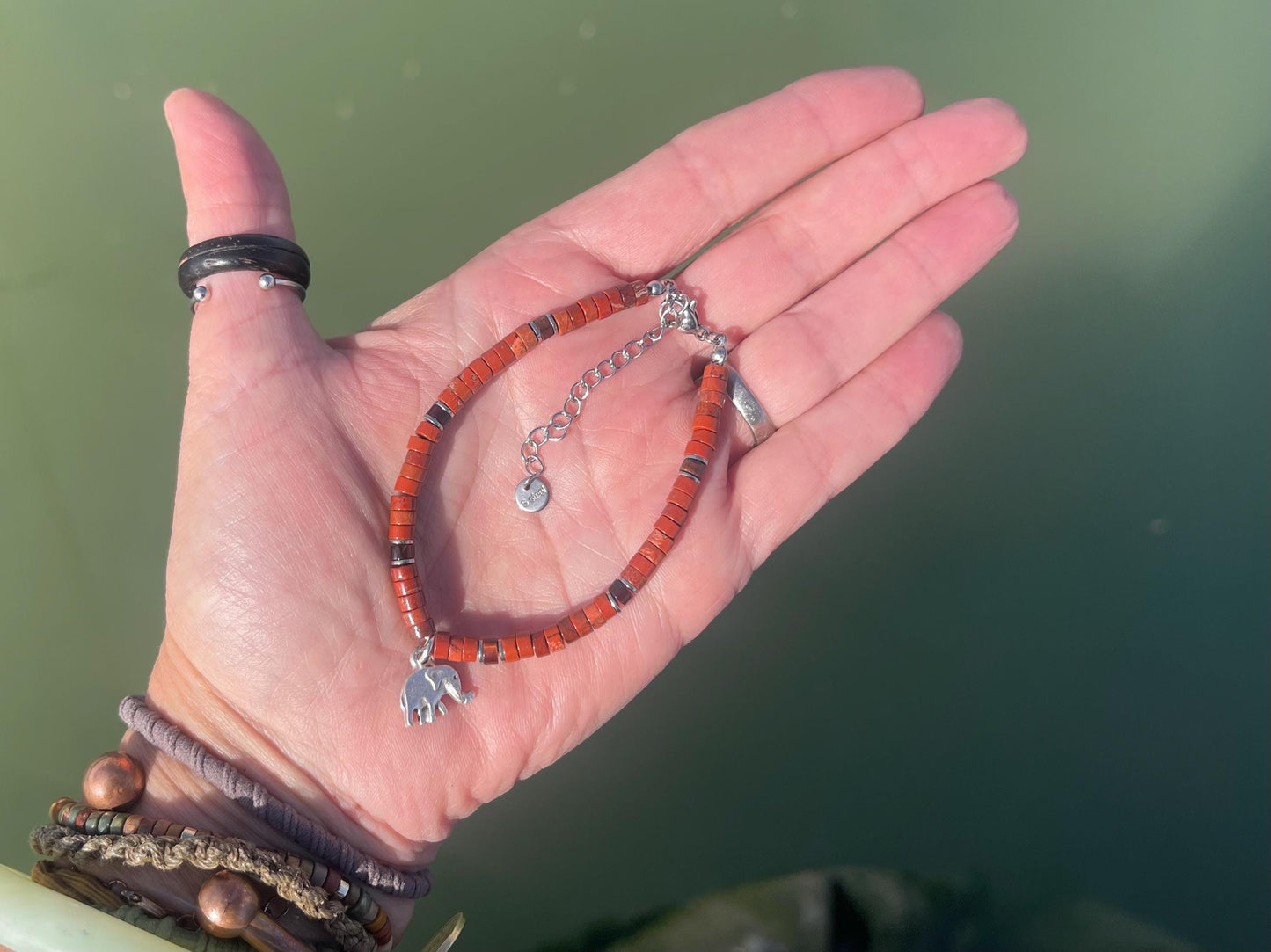 Adjustable gold and red jasper gemstone bracelet, handmade gift for him or her. Ethical jewellery, unique jewellery. Elephant bracelet.