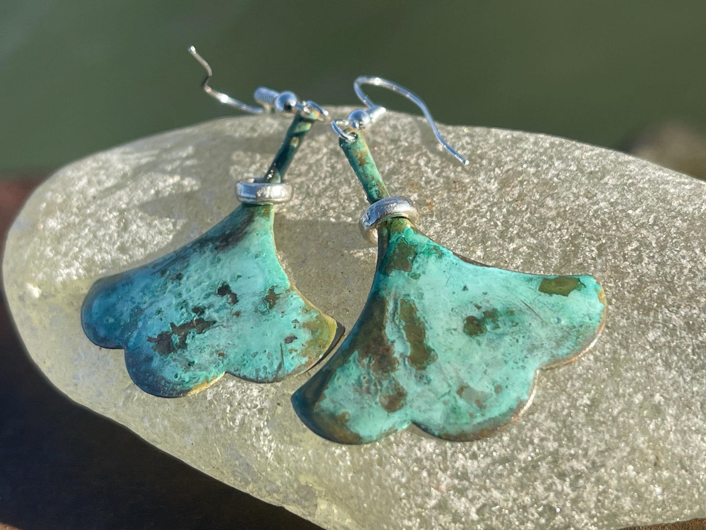 Handmade leaf earrings. Rustic earrings, unusual earrings, unusual gift for her, blue earrings, boho earrings, large statement earrings.
