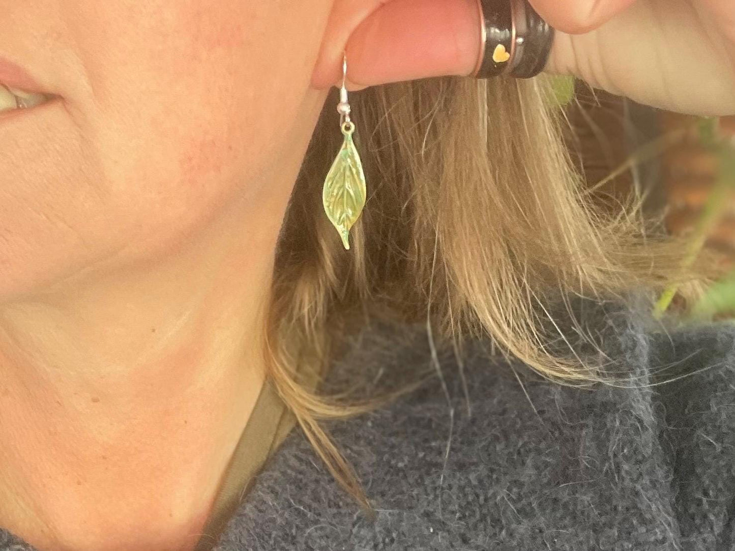 Handmade leaf earrings. Rustic earrings, unusual earrings, unusual gift for her, blue earrings, boho earrings, heart jewellery, hippy gift