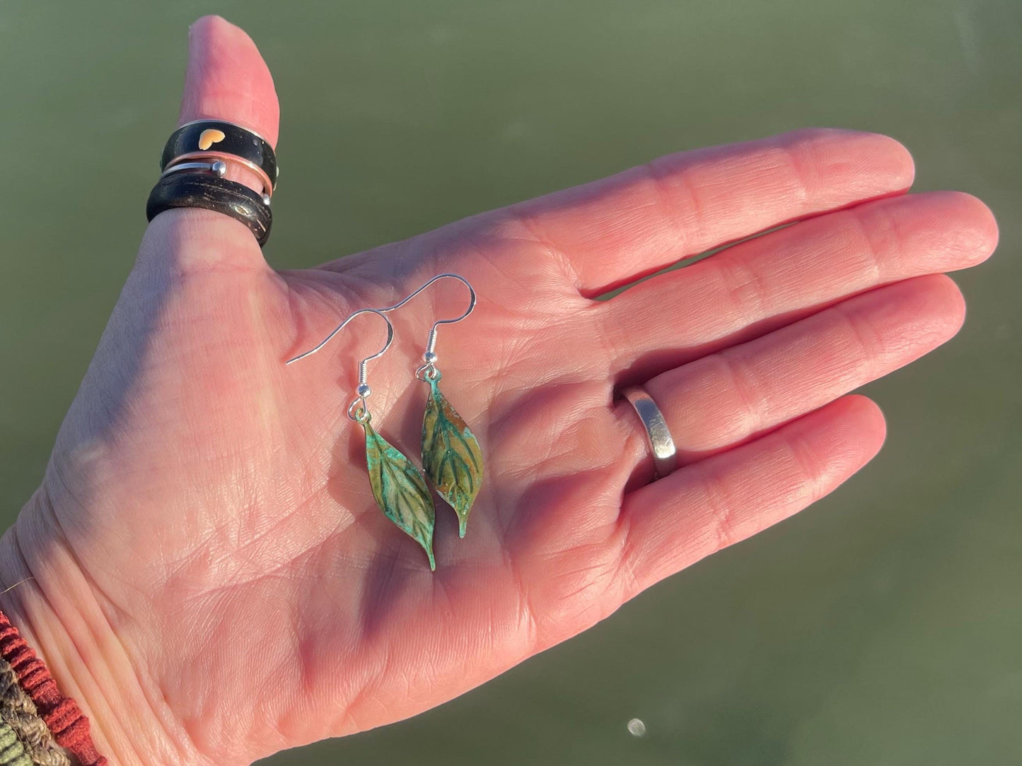Handmade leaf earrings. Rustic earrings, unusual earrings, unusual gift for her, blue earrings, boho earrings, heart jewellery, hippy gift