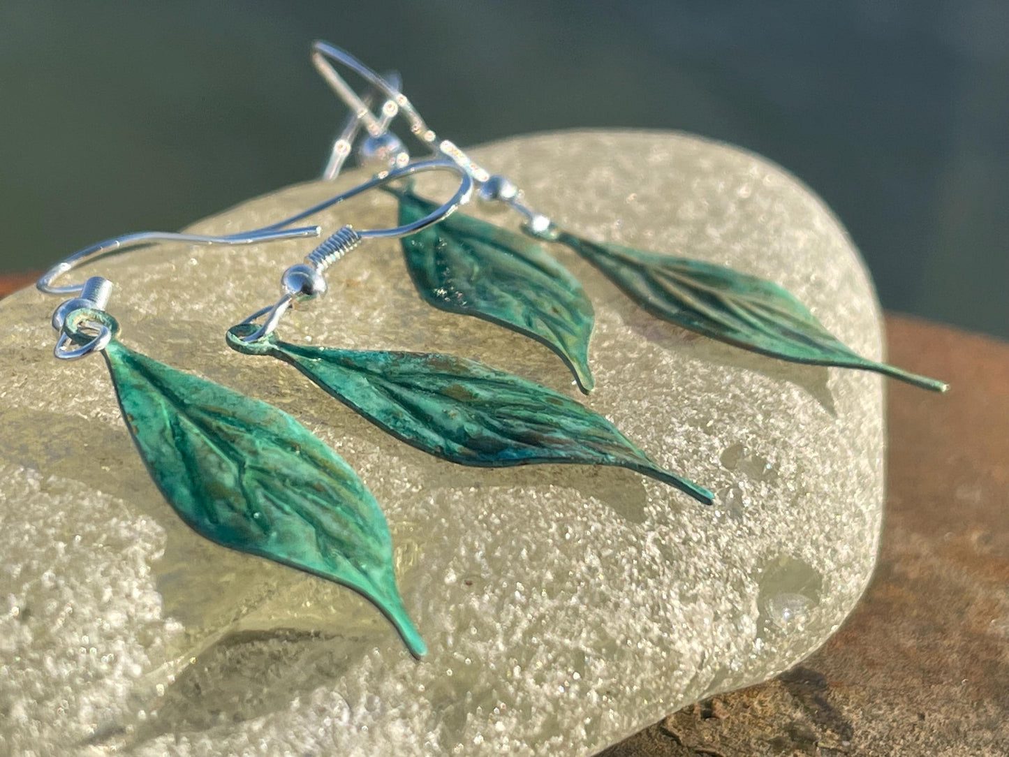 Handmade leaf earrings. Rustic earrings, unusual earrings, unusual gift for her, blue earrings, boho earrings, heart jewellery, hippy gift