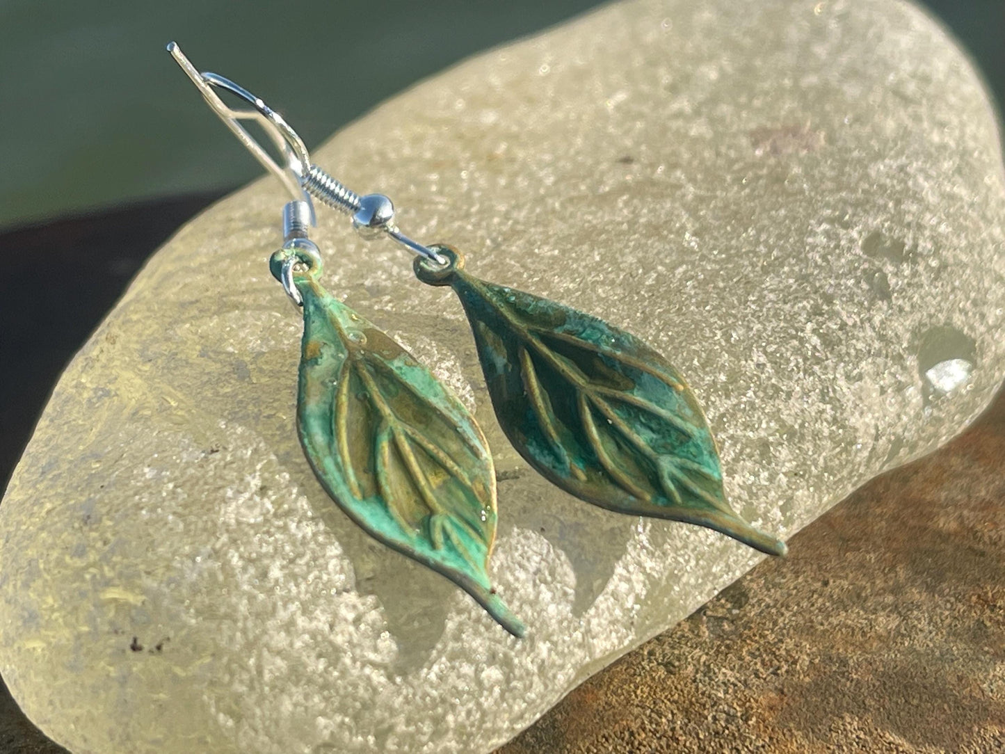 Handmade leaf earrings. Rustic earrings, unusual earrings, unusual gift for her, blue earrings, boho earrings, heart jewellery, hippy gift