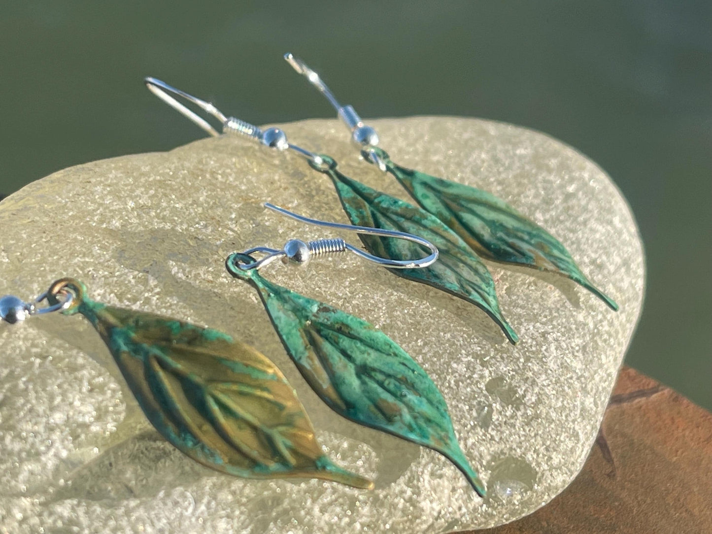 Handmade leaf earrings. Rustic earrings, unusual earrings, unusual gift for her, blue earrings, boho earrings, heart jewellery, hippy gift