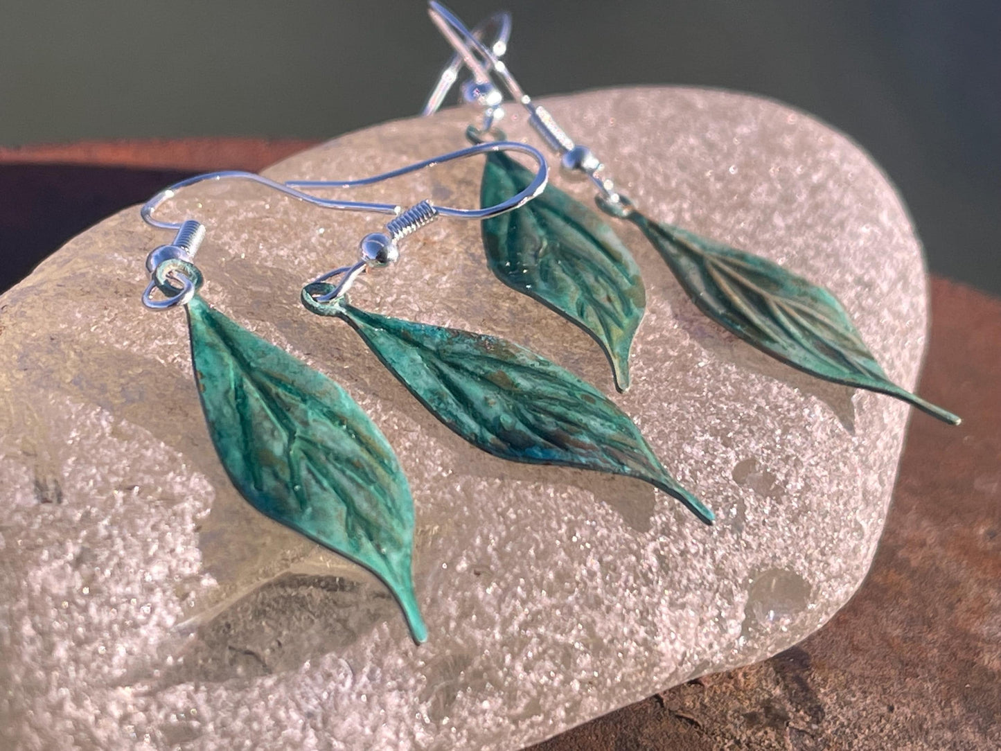 Handmade leaf earrings. Rustic earrings, unusual earrings, unusual gift for her, blue earrings, boho earrings, heart jewellery, hippy gift