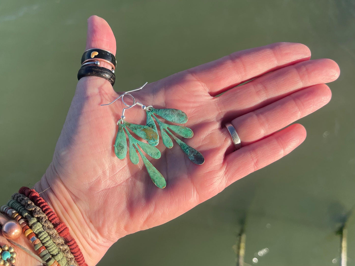 Handmade leaf earrings. Rustic earrings, unusual earrings, unusual gift for her, blue earrings, boho earrings, heart jewellery, hippy gift