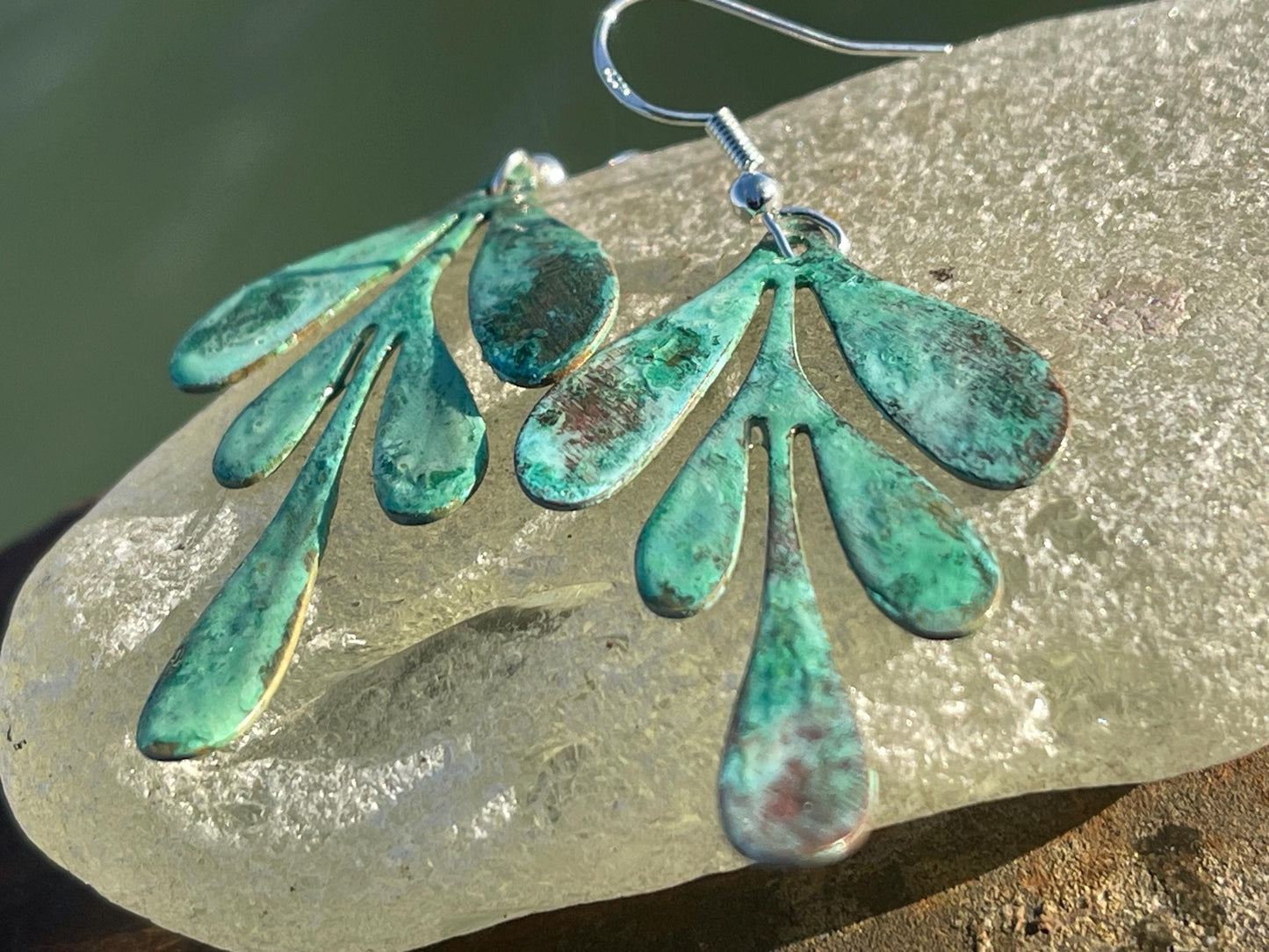 Handmade leaf earrings. Rustic earrings, unusual earrings, unusual gift for her, blue earrings, boho earrings, heart jewellery, hippy gift