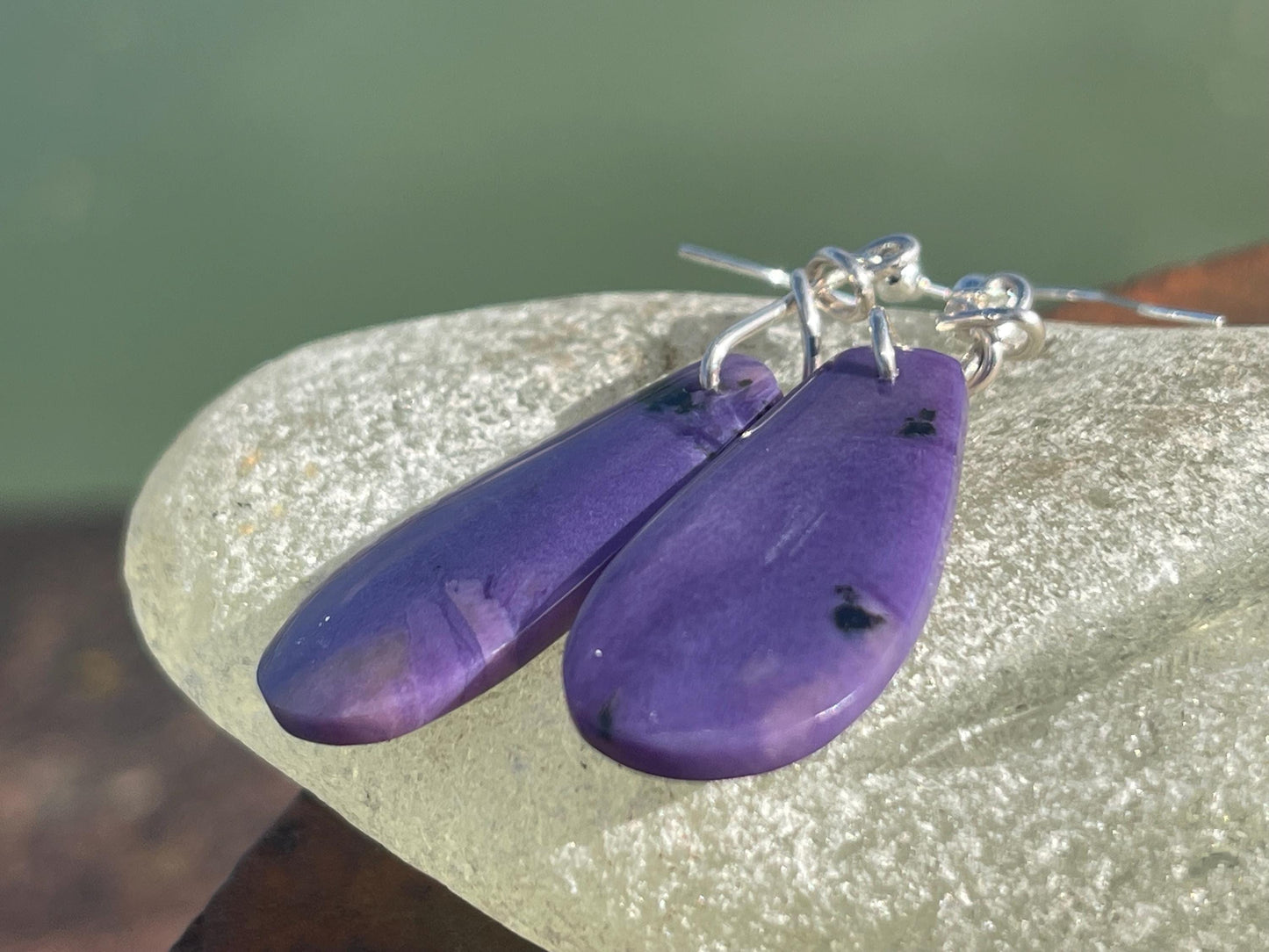 Charoite earrings on recycled sterling silver. Charoite jewellery, gift for her, unusual necklace, purple gemstone, unique jewellery