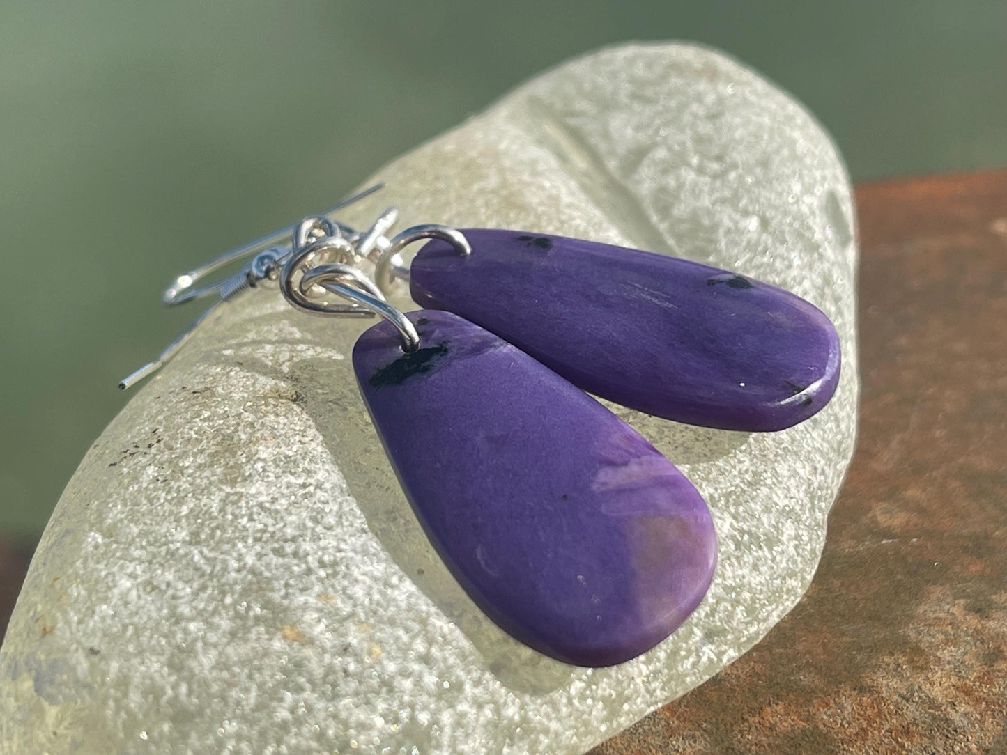 Charoite earrings on recycled sterling silver. Charoite jewellery, gift for her, unusual necklace, purple gemstone, unique jewellery