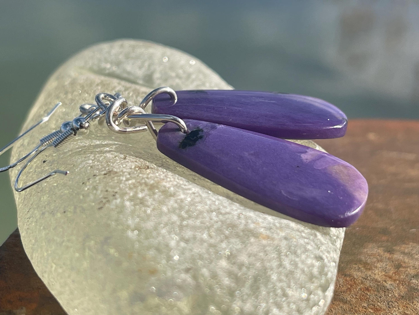 Charoite earrings on recycled sterling silver. Charoite jewellery, gift for her, unusual necklace, purple gemstone, unique jewellery