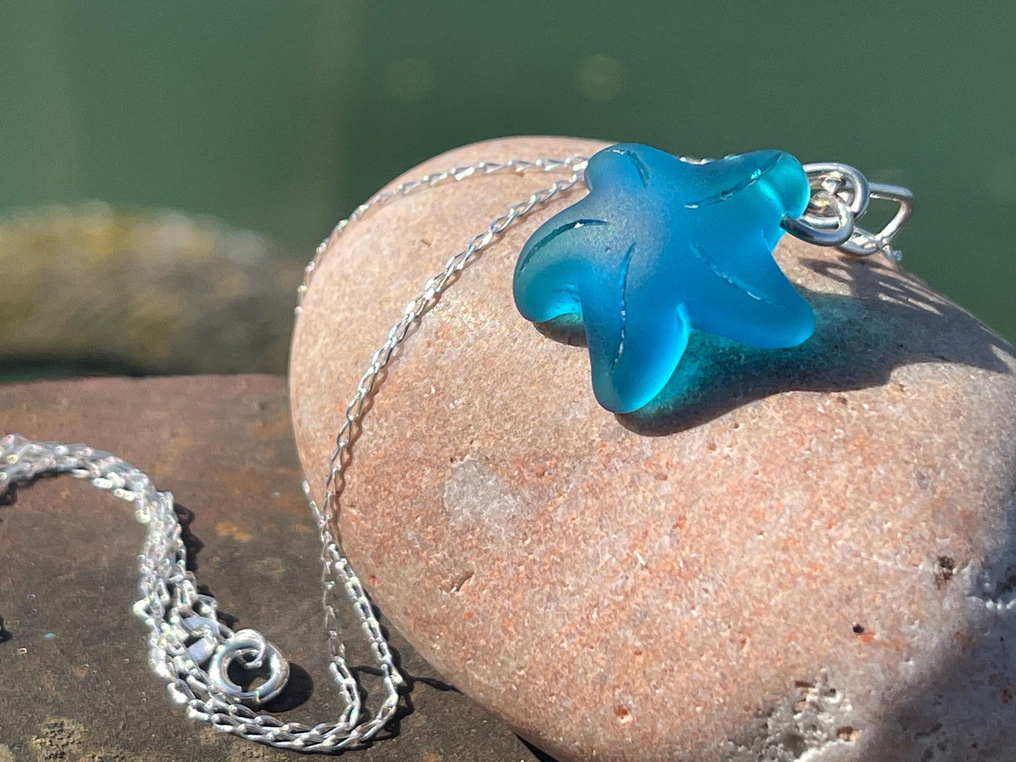 Eco friendly jewellery. Sea glass necklace on a sterling silver chain. Sea glass starfish necklace. Starfish pendant, ethical jewellery.