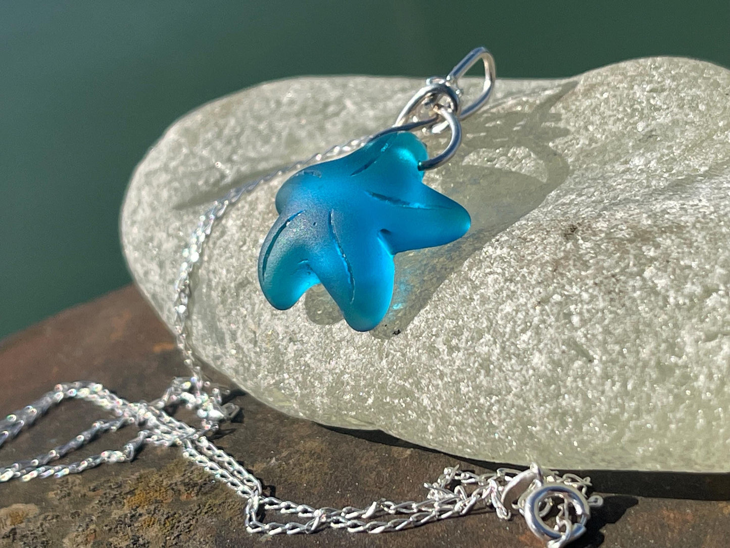 Eco friendly jewellery. Sea glass necklace on a sterling silver chain. Sea glass starfish necklace. Starfish pendant, ethical jewellery.